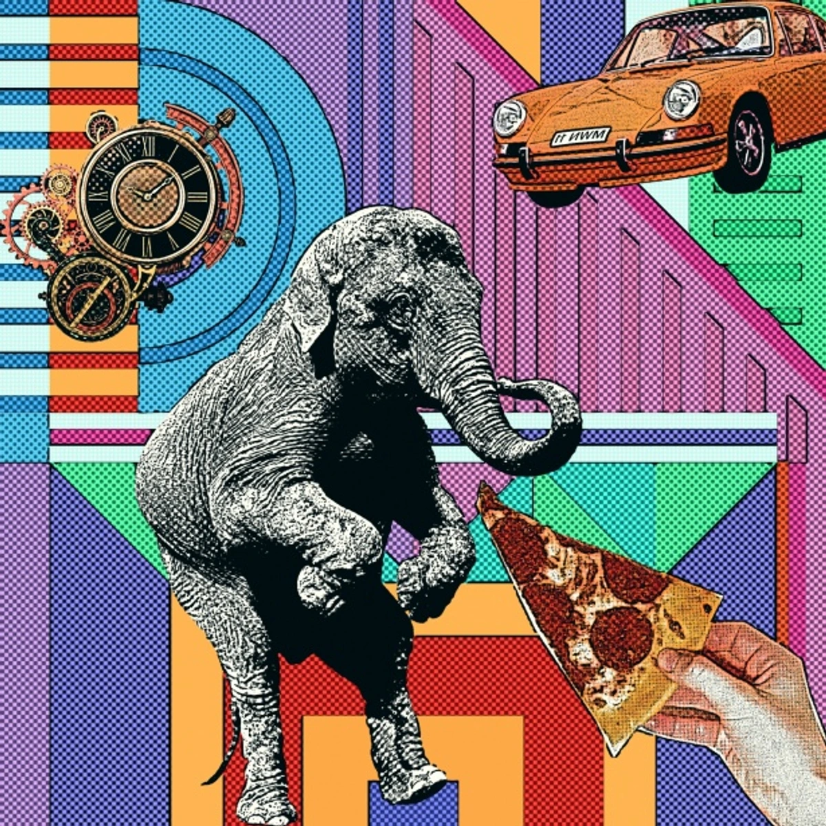 Vibrant pop art collage featuring a surreal scene with an elephant, vintage Porsche, slice of pizza, and steampunk gears against a geometric background.