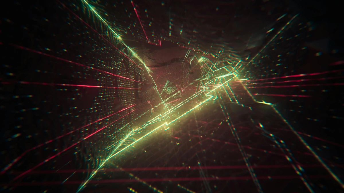 Abstract futuristic digital tunnel with consistent neon spacing and symmetrical geometric patterns