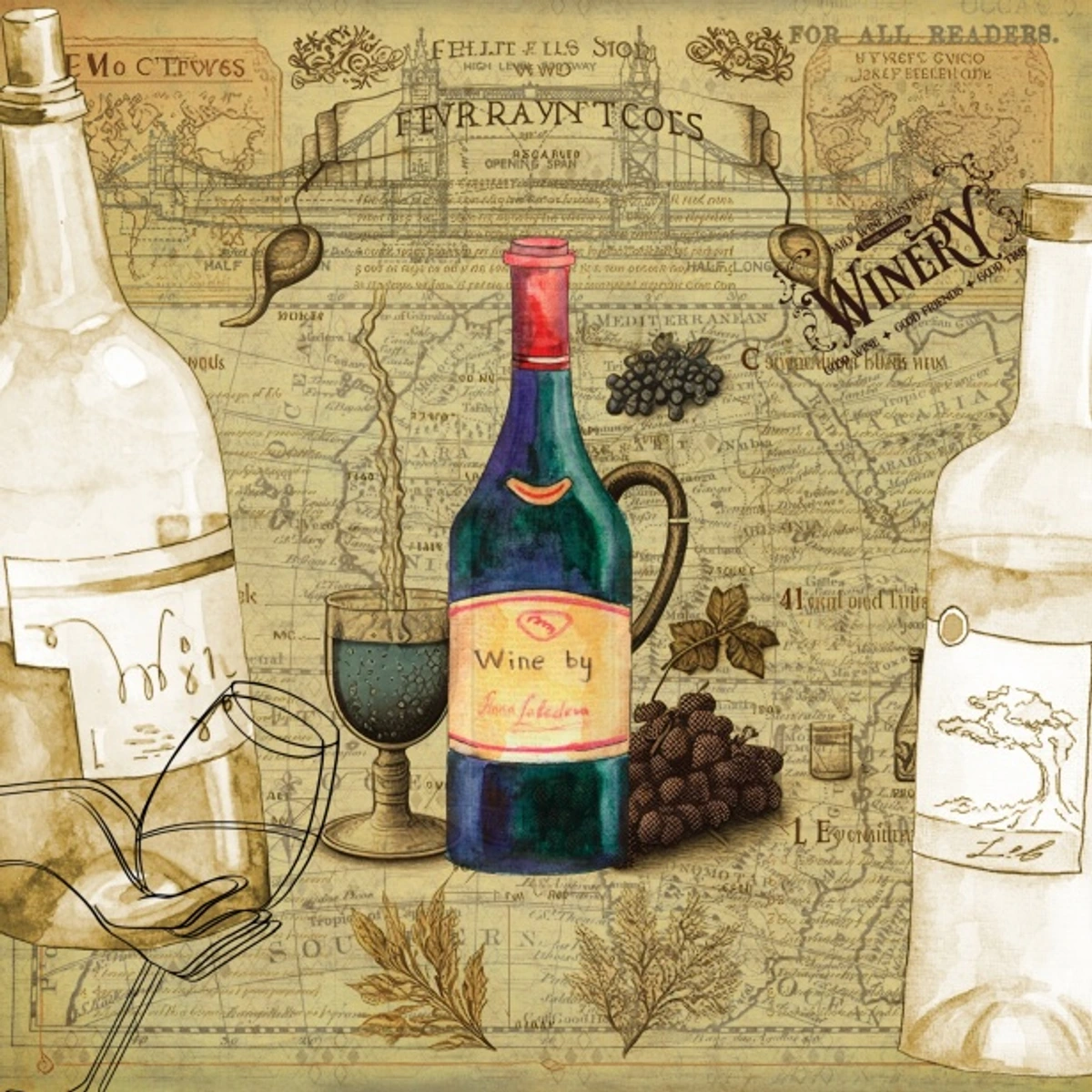 Vintage map decoupage with wine bottles, wine glass, and grapes, featuring a bridge and old world map elements.