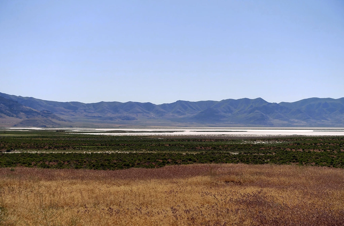 Rozel Point view of Spiral Jetty by Robert Smithson, 1970, Utah
