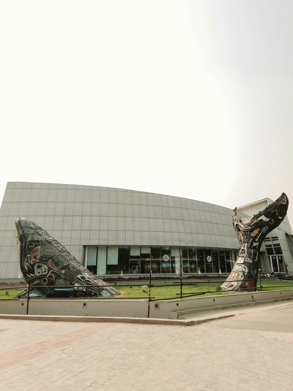 Metal whale sculpture at Aquatic Gallery in Ahmedabad Science Art Scene