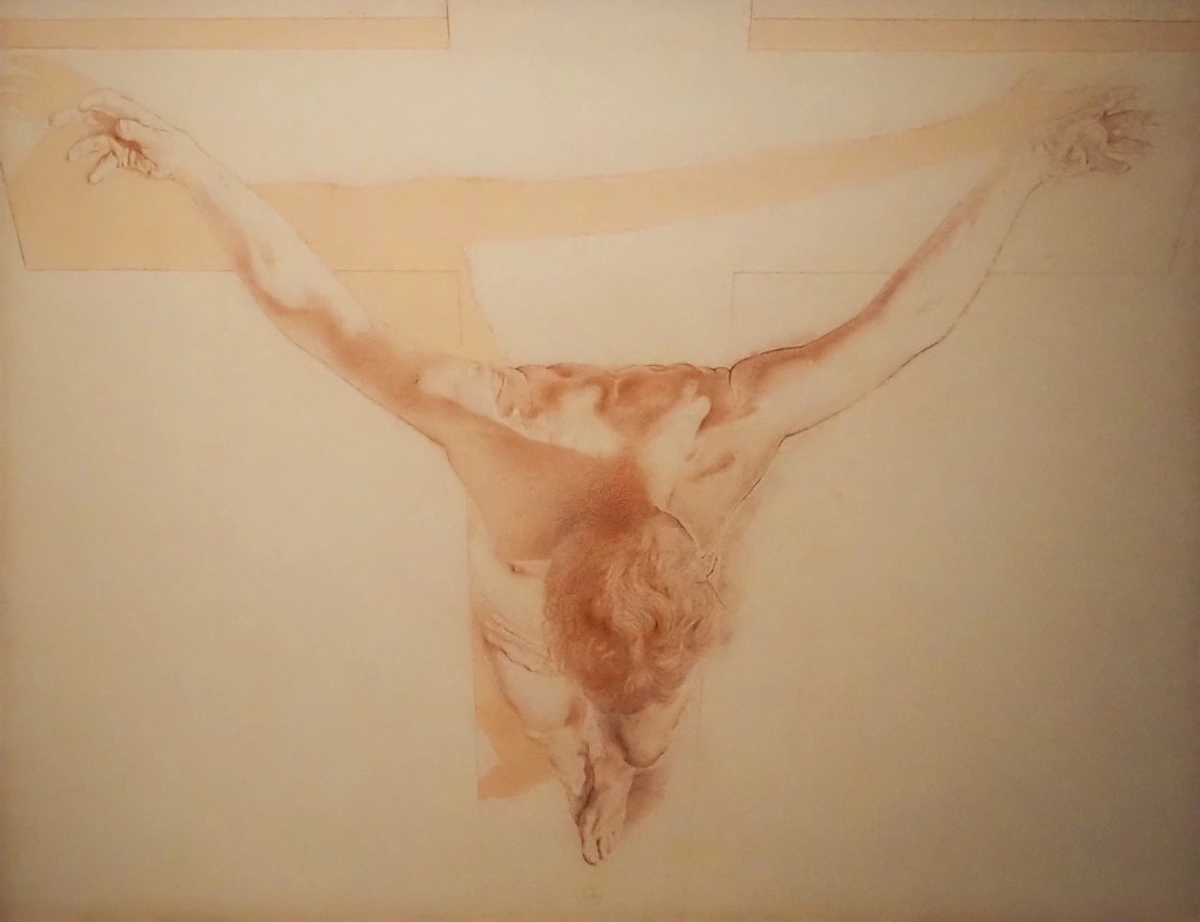 Salvador Dalí's Christ in Perspective, showcasing foreshortening with a dramatically angled crucifixion.