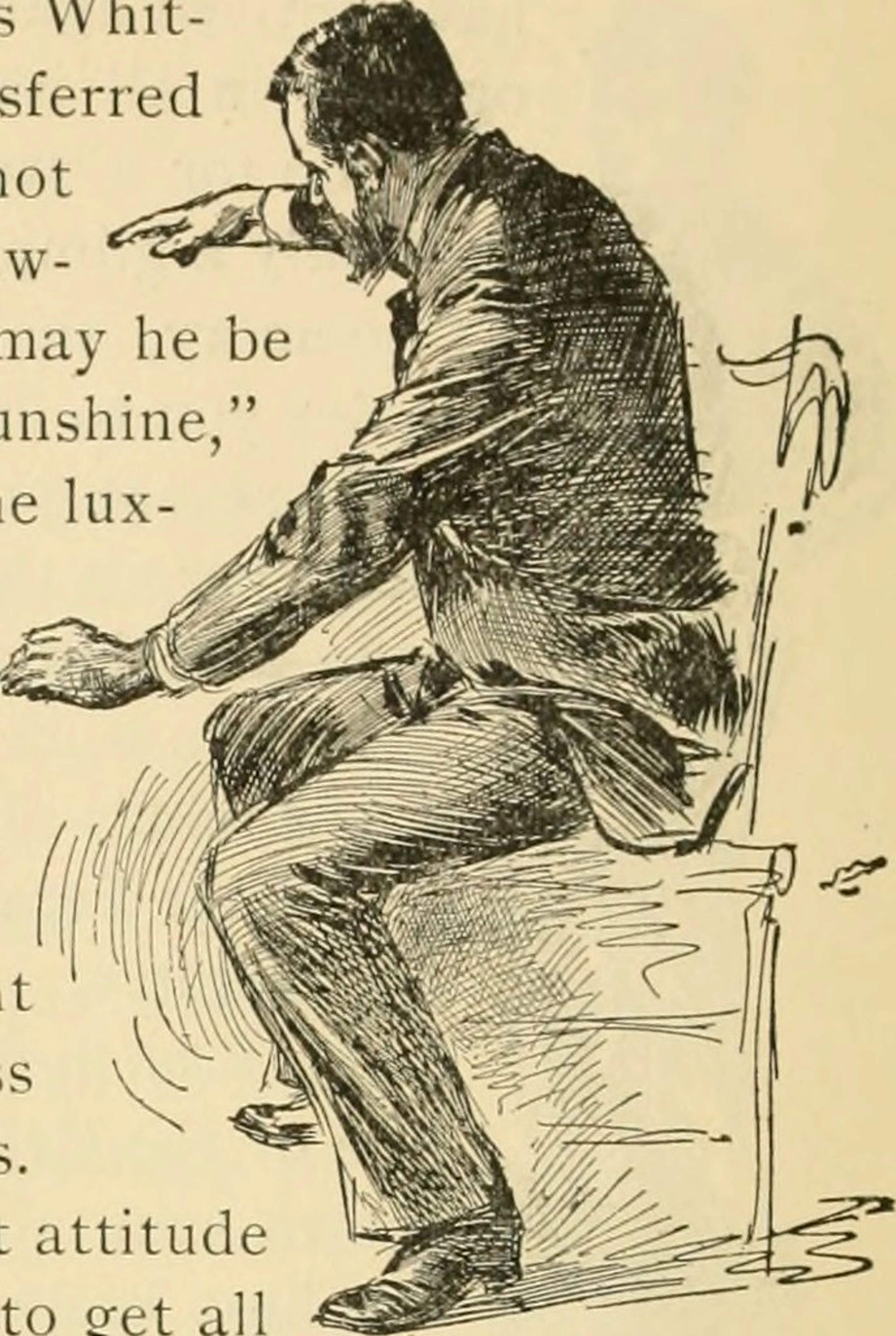 Drawing of a man seated, demonstrating foreshortening with his outstretched arm and leg.
