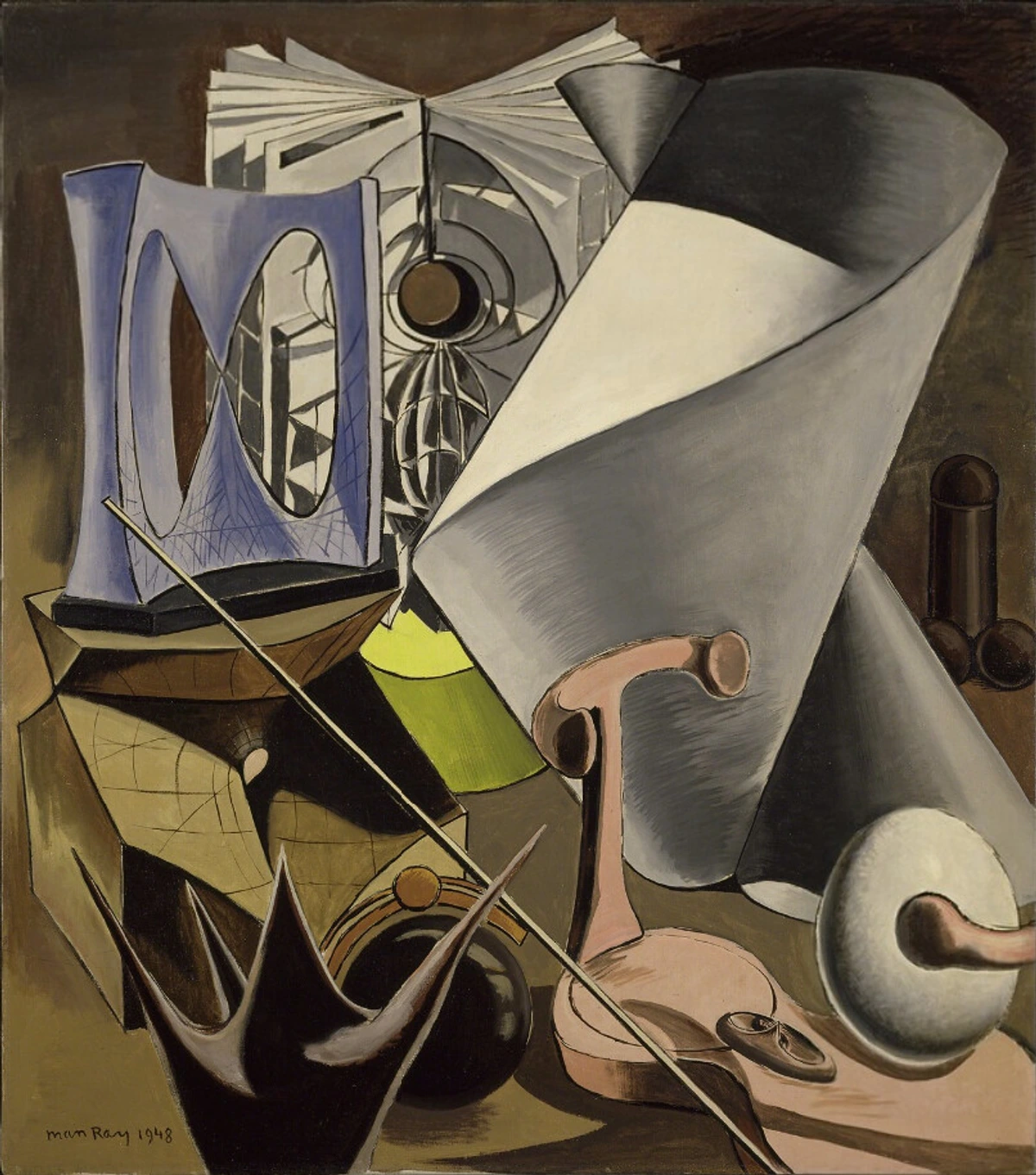 Abstract spiral sculpture by Man Ray, representing Dada art principles with bold forms and layers.