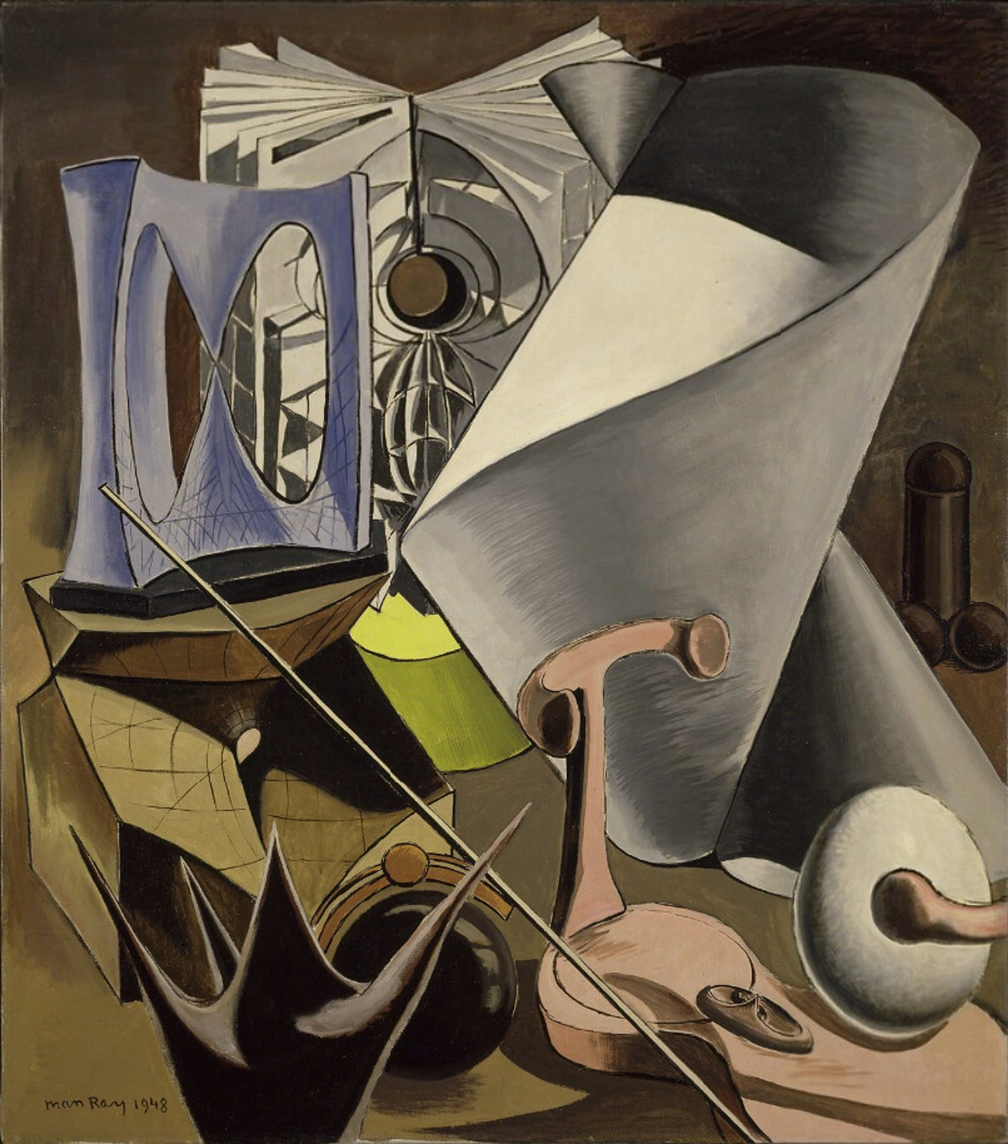 Abstract spiral sculpture by Man Ray, representing Dada art principles with bold forms and layers.