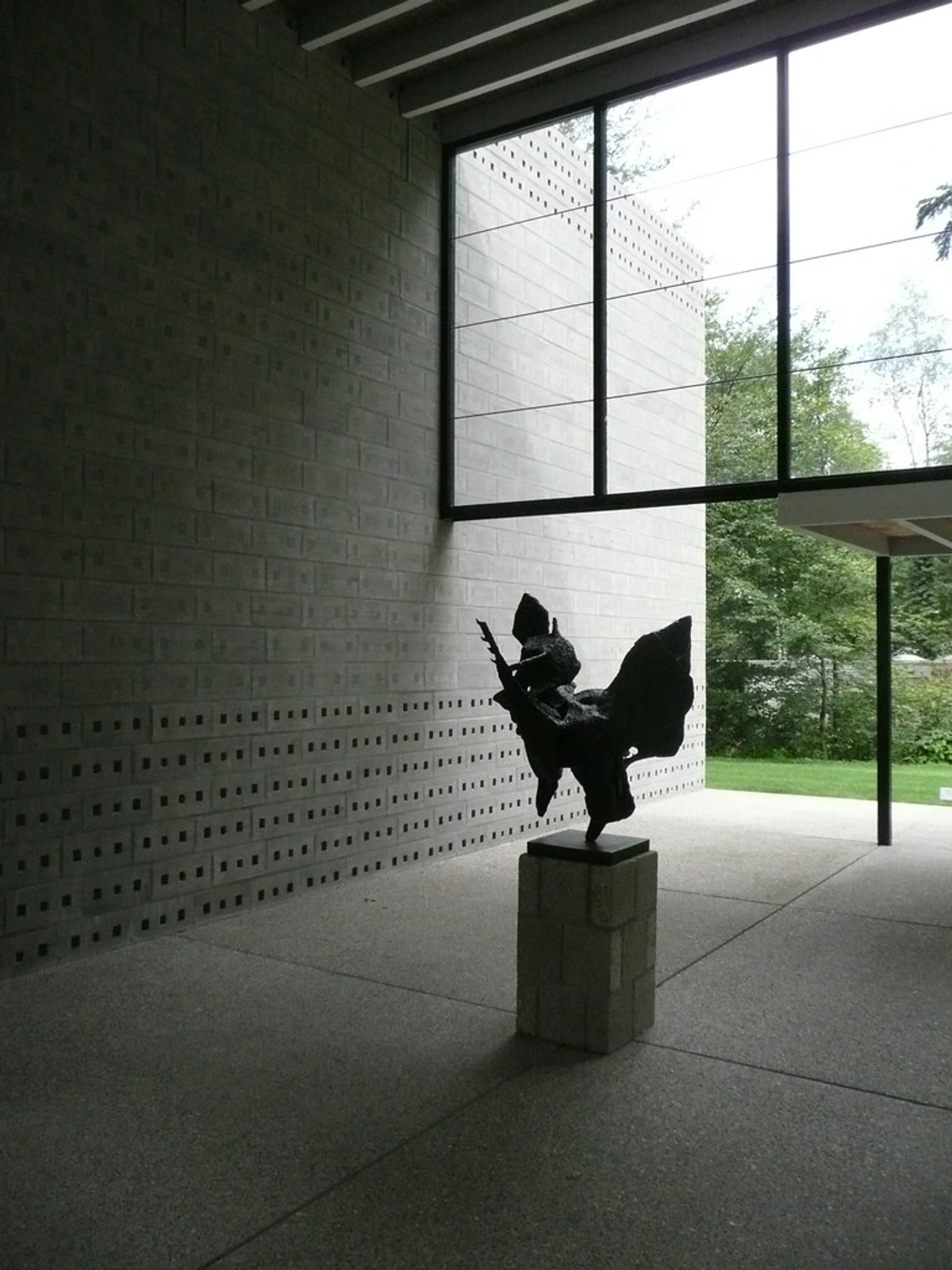 Abstract sculpture by Gerrit Rietveld at Kröller-Müller Museum in Otterlo, Netherlands. Iconic geometric design and industrial materials symbolize De Stijl movement influence.