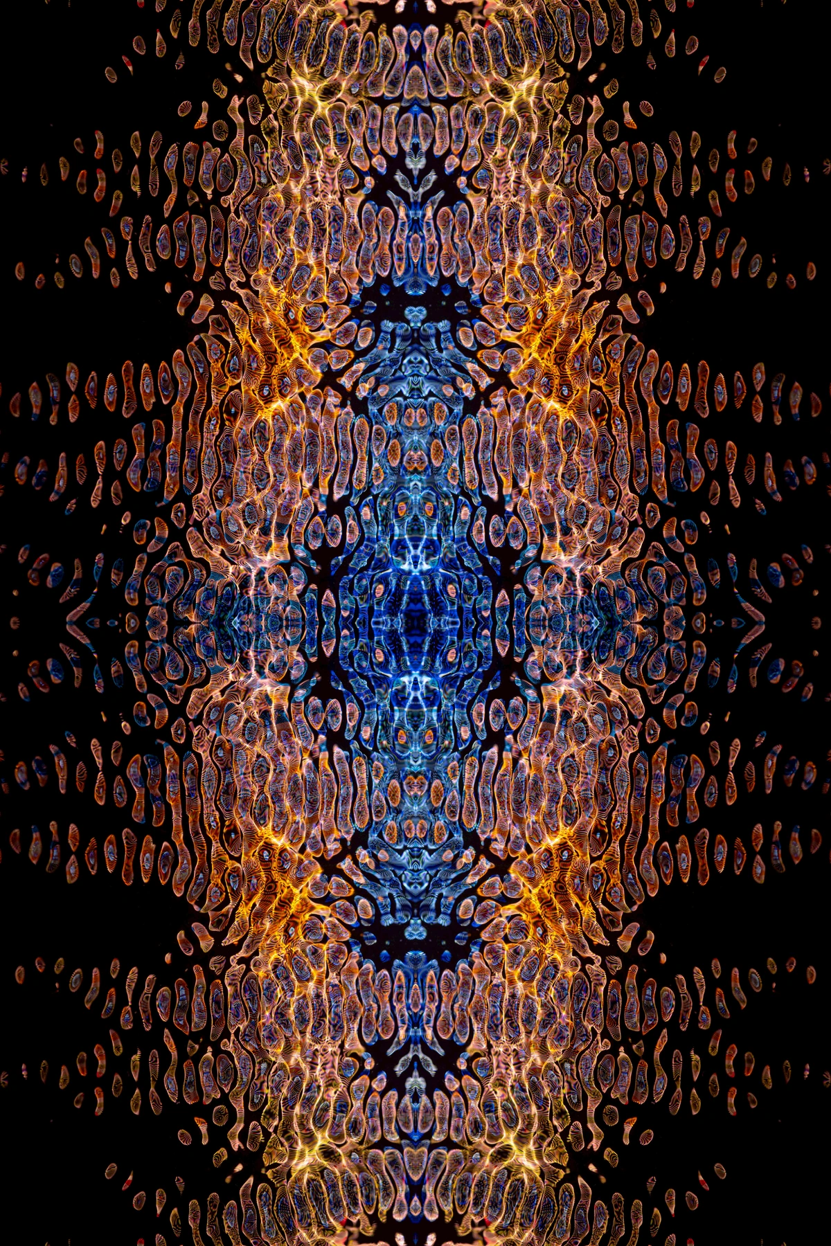 Abstract artistic background with intricate blue and orange patterns, creating a sense of balance and depth.