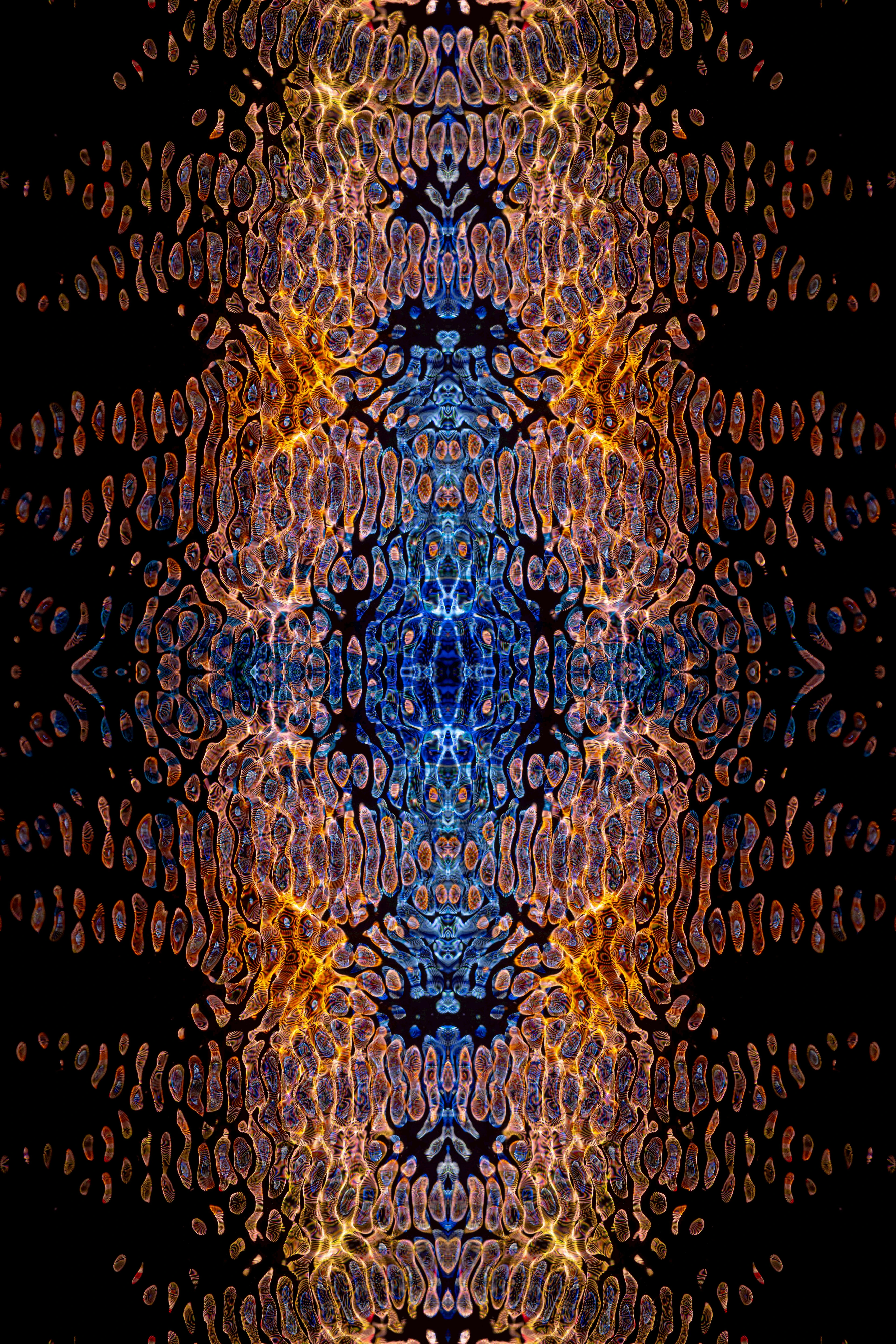 Abstract artistic background with intricate blue and orange patterns, creating a sense of balance and depth.