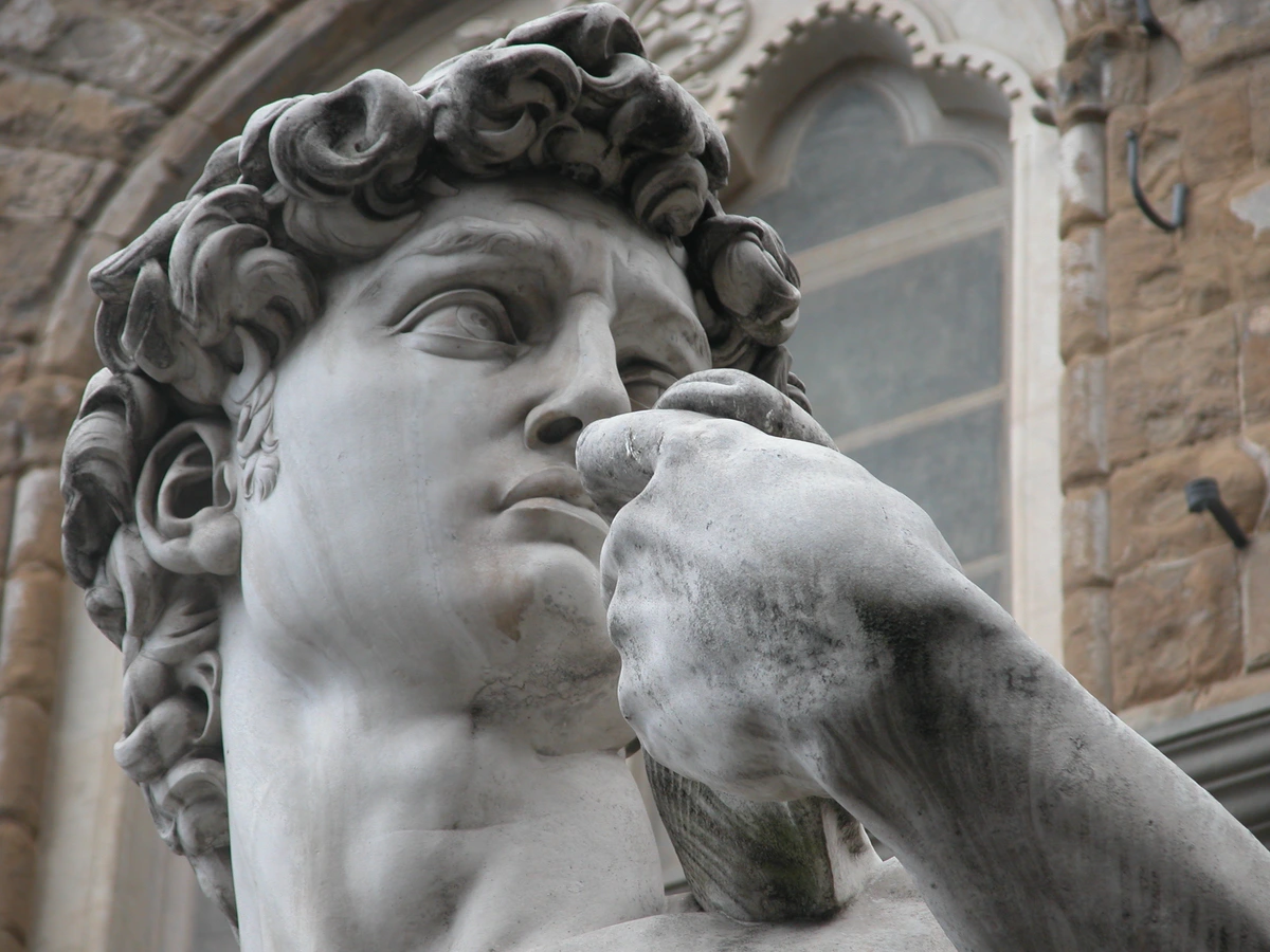 Close-up of Michelangelo's David sculpture, showcasing intricate details of the face and hand.