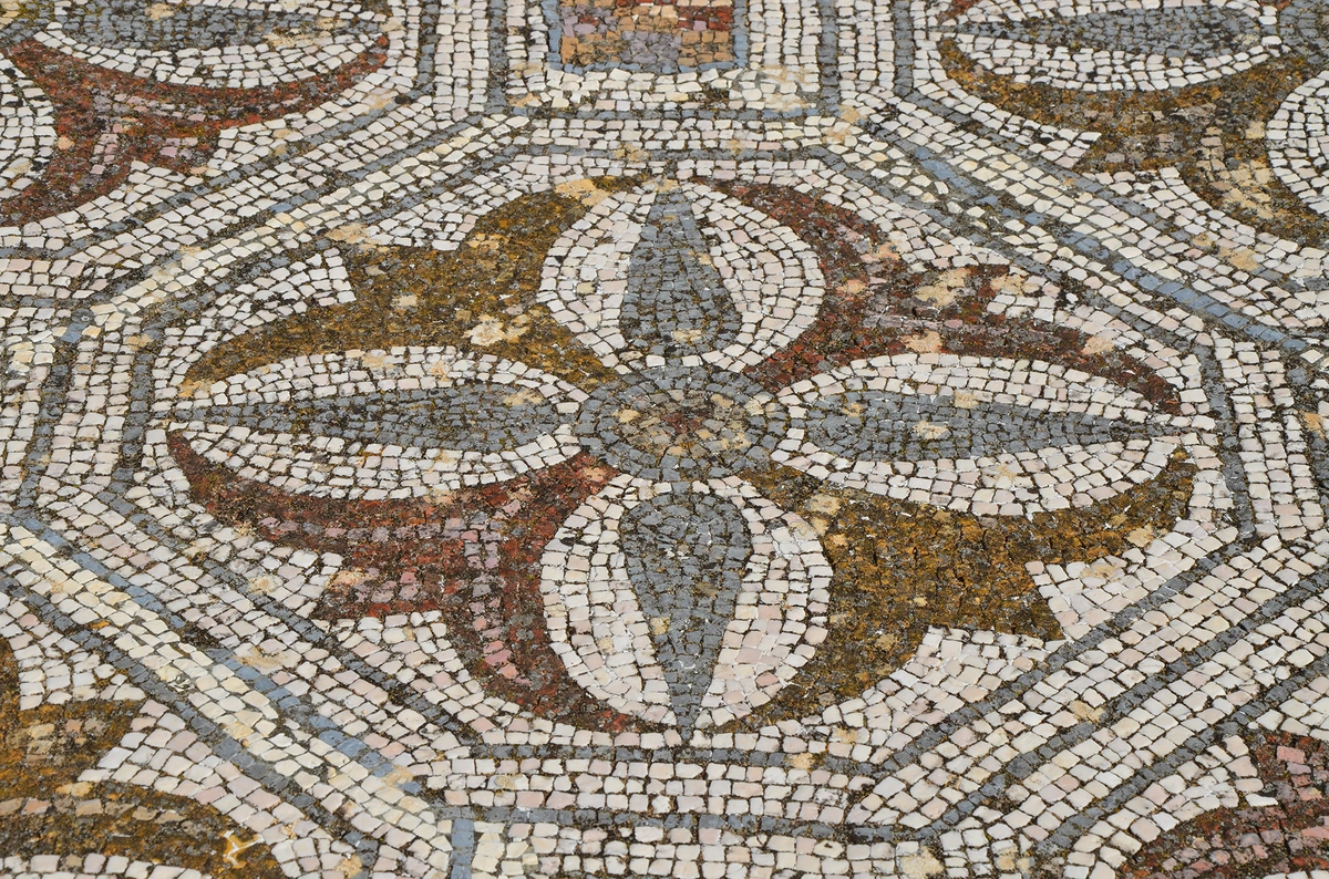 Romeins mozaïek met ingewikkelde geometrische patronen en naturalistische motieven, gemaakt van kleine tesserae.