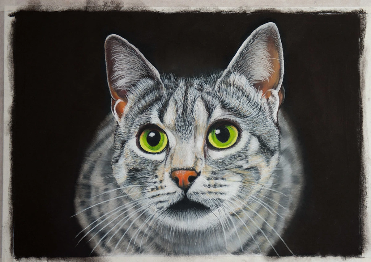 Realistic pastel painting of a grey tabby cat with bright green eyes against a black background.