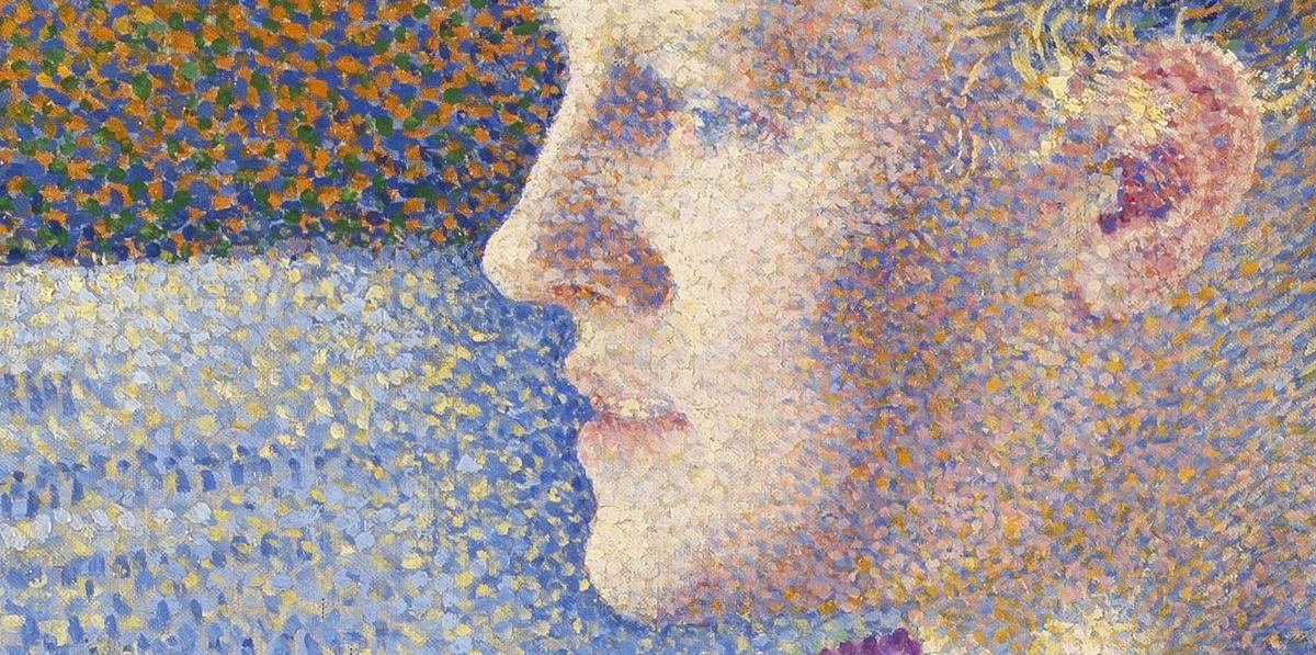 Detail of Maria Sèthe at the Harmonium, a pointillist painting showing her profile with blond hair and an ear, rendered in small dots of vibrant color.