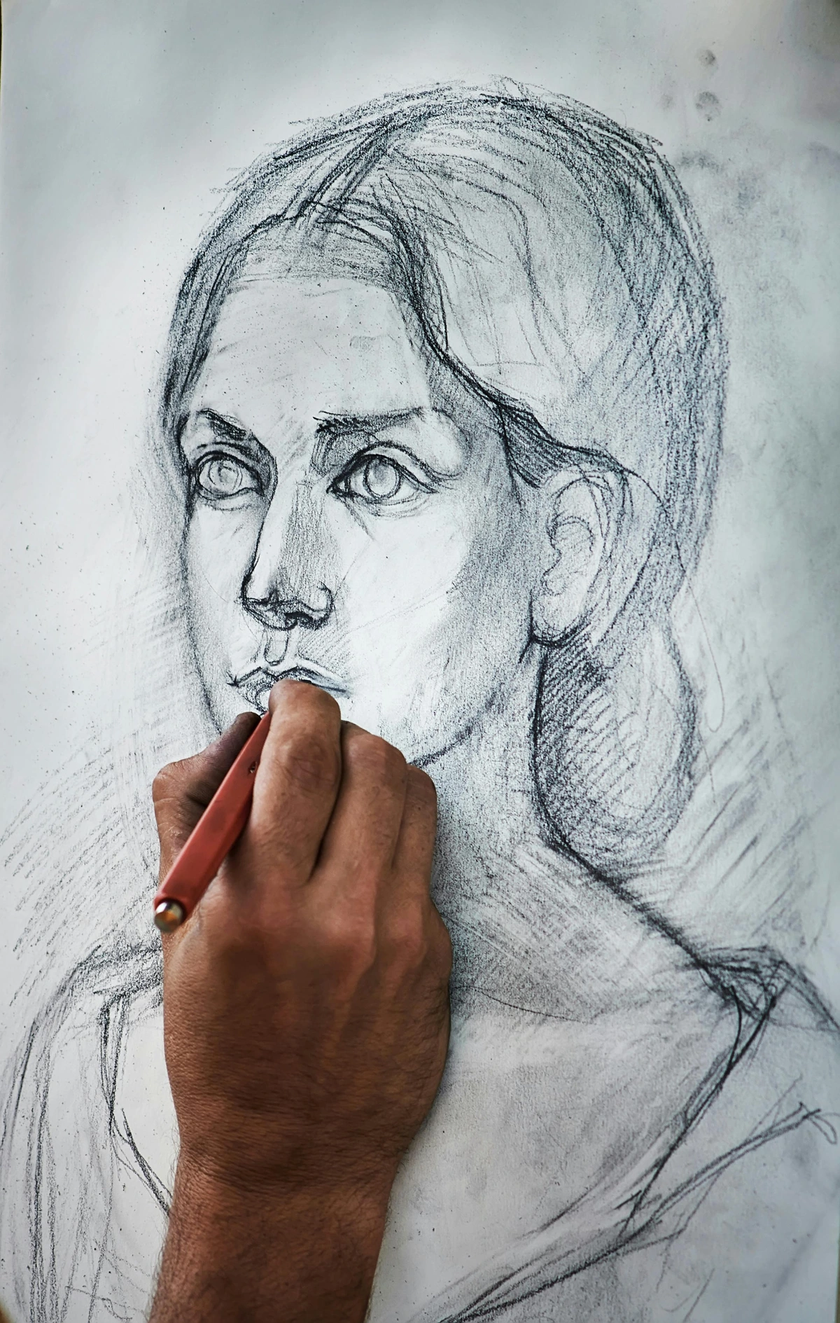 High-quality pencil sketch of a detailed female portrait showcasing technical mastery in art.
