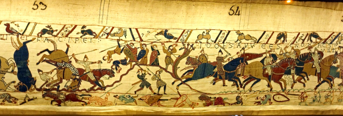 Bayeux Tapestry panel depicting battle scenes with soldiers, horses, and animals, labeled sections 53 and 54.