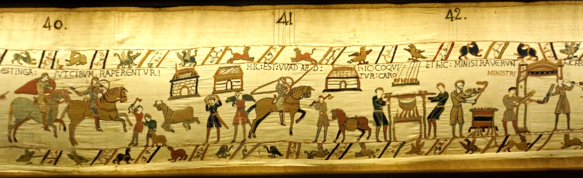 Bayeux Tapestry panels 40, 41, and 42 depicting historical scenes with figures, animals, and buildings.