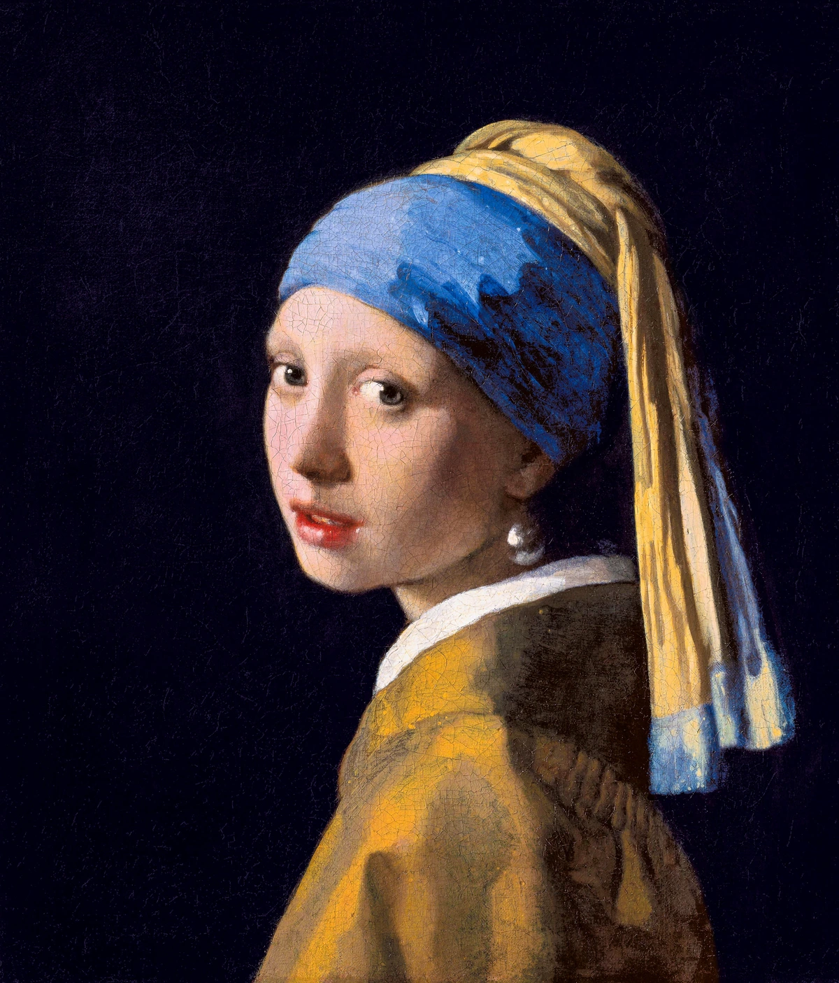 Johannes Vermeer's 'Girl with a Pearl Earring' painting, featuring a young woman in a blue and yellow turban and a large pearl earring, looking over her shoulder against a dark background.