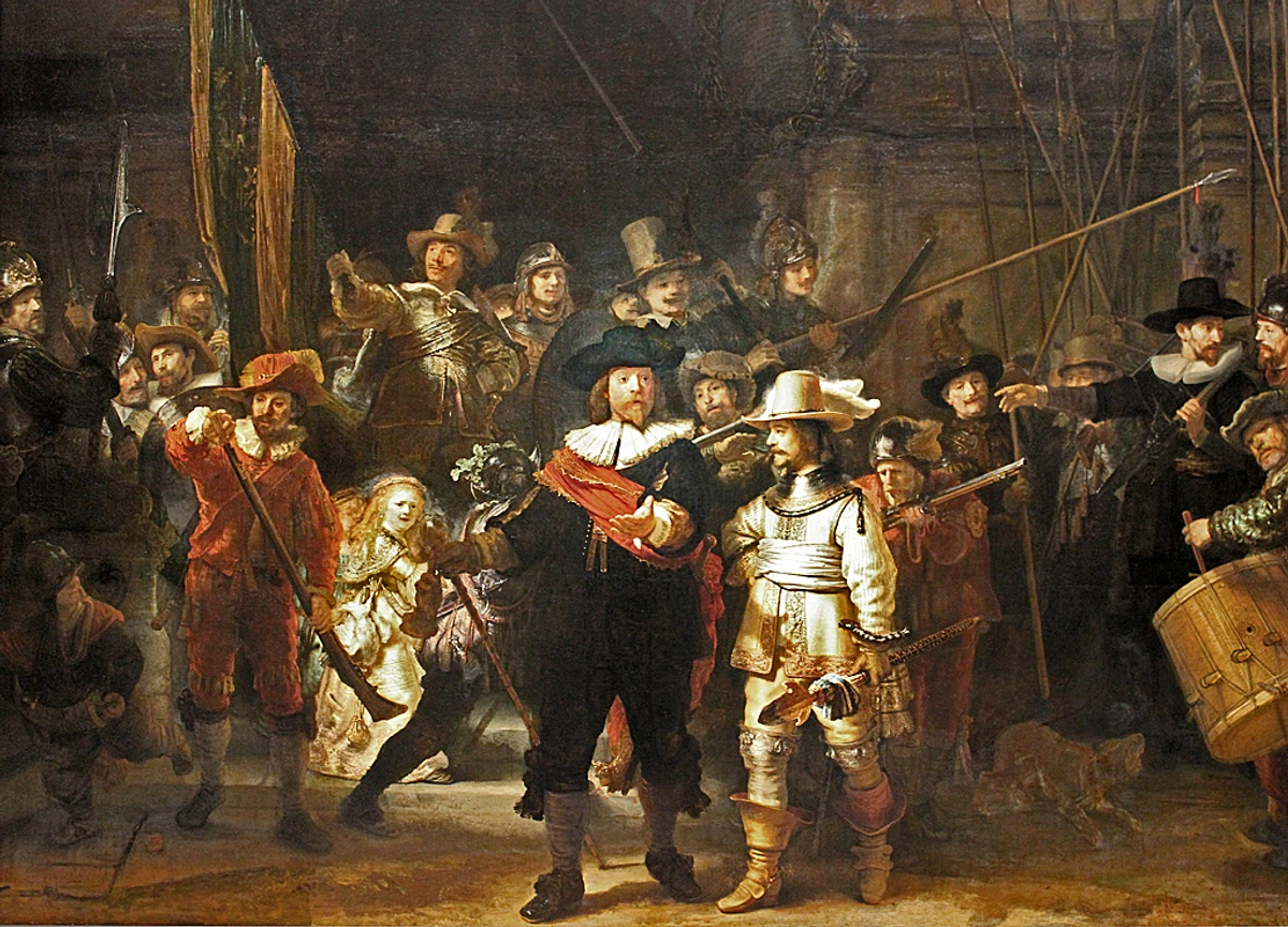The Night Watch: Rembrandt van Rijn's 1642 group portrait of a civic militia in Dutch Golden Age art style, Baroque realism with dynamic composition and lighting