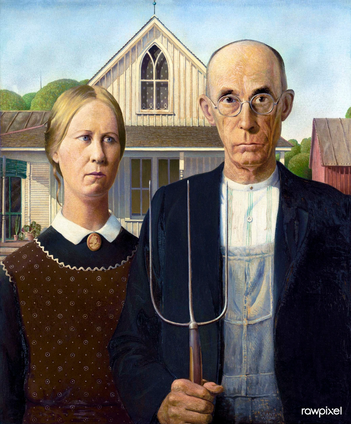 American Gothic painting by Grant Wood, featuring a farmer holding a pitchfork and his wife standing in front of a farmhouse.