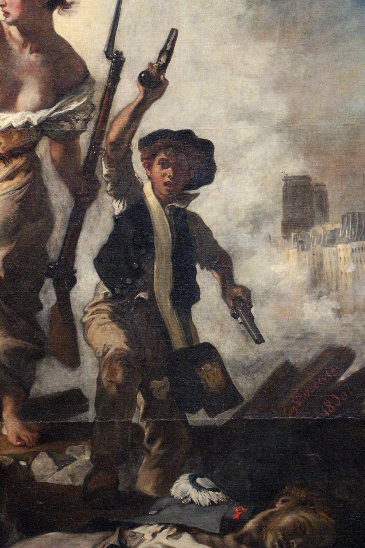 Eugène Delacroix's 'Liberty Leading the People' painting, depicting Marianne holding the French tricolor flag and a rifle, leading revolutionaries over a barricade during the July Revolution of 1830.