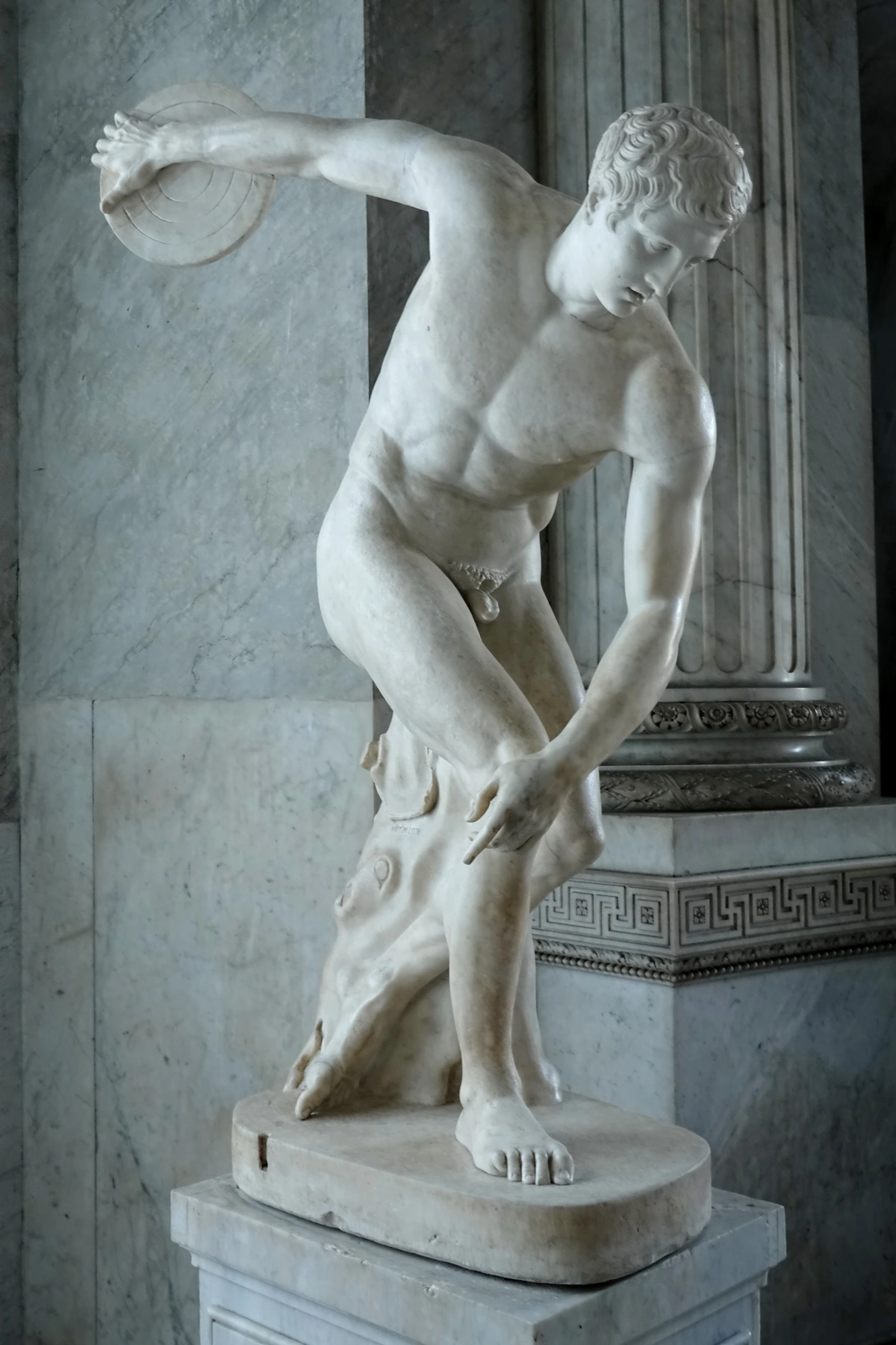 The Discobolus, a Roman marble statue from the 2nd century, depicting an athlete in the motion of throwing a discus.