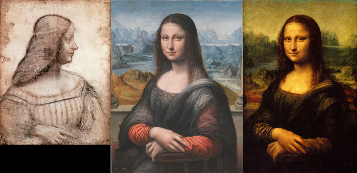 Comparison of Leonardo da Vinci's Mona Lisa and a preparatory drawing, possibly of Isabella d'Este.