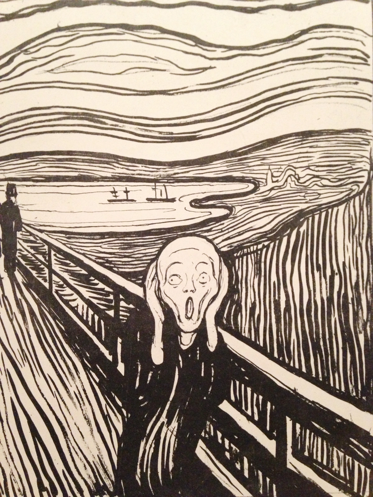 Edvard Munch's The Scream, a famous Expressionist painting depicting a figure on a bridge with hands over ears, screaming against a swirling sky, one of the multiple versions.