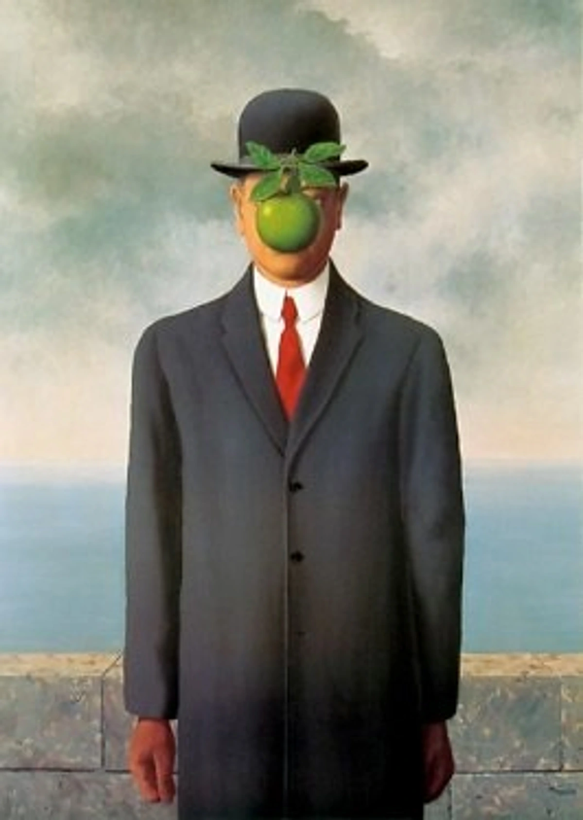 Rene Magritte's 'The Son of Man' painting, featuring a man in a suit and bowler hat with a green apple obscuring his face.