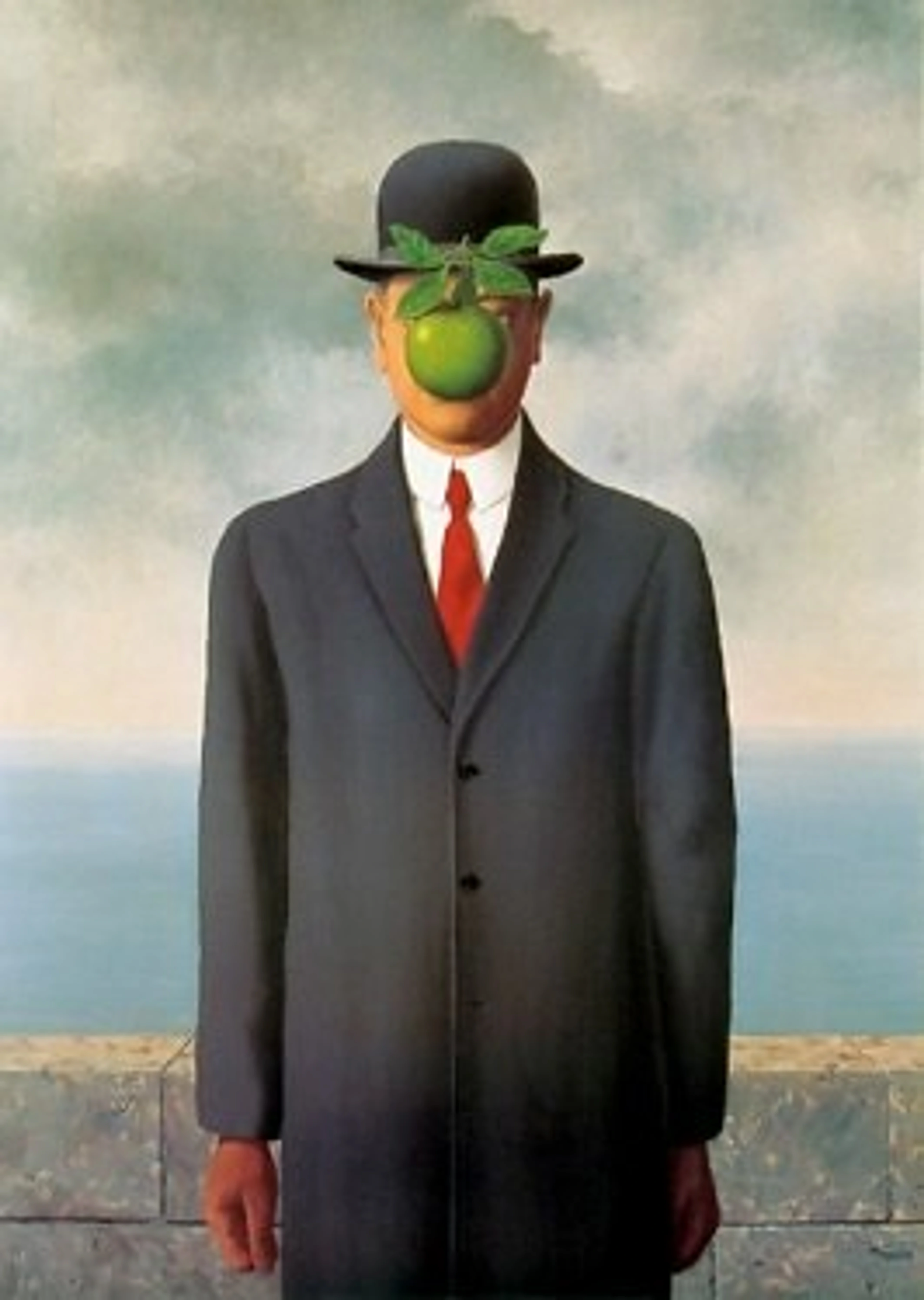 Rene Magritte's 'The Son of Man' painting, featuring a man in a suit and bowler hat with a green apple obscuring his face.