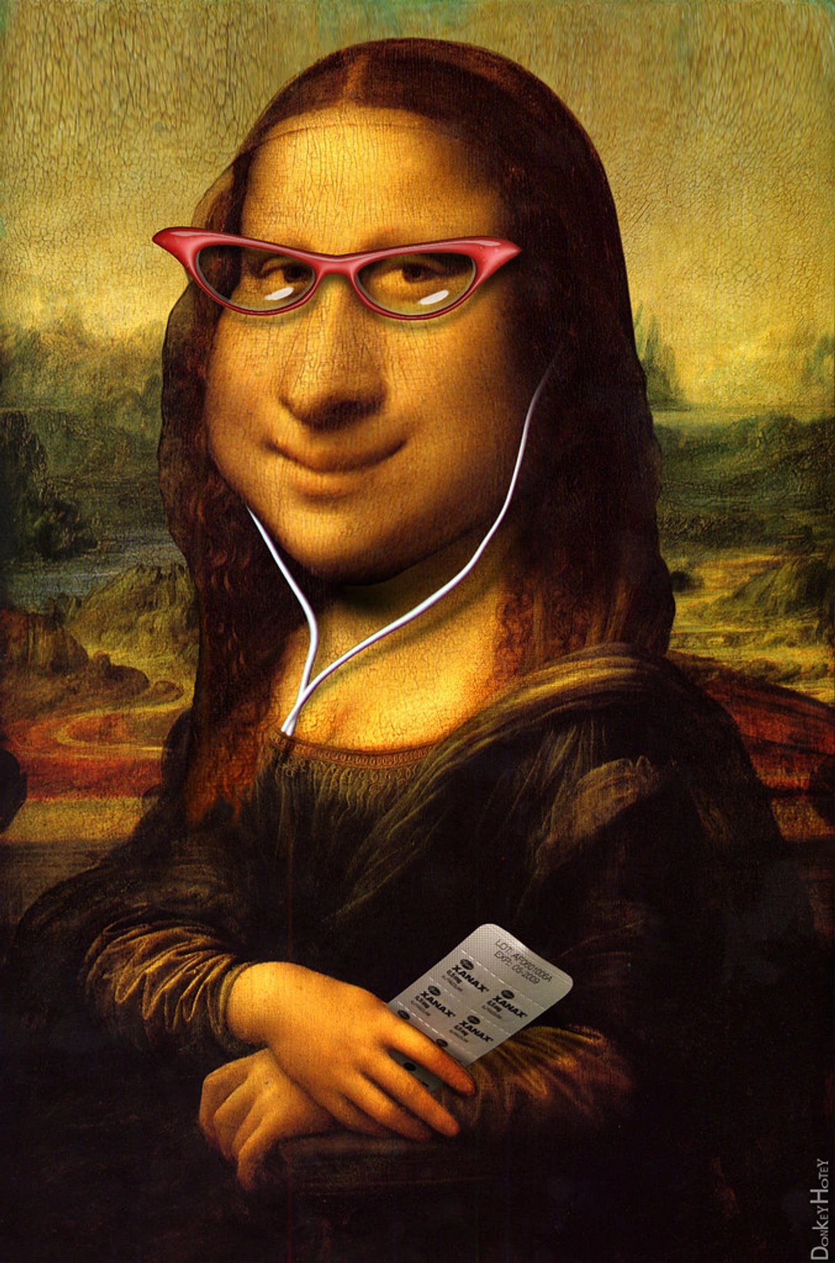 Mona Lisa caricature wearing red cat-eye glasses and white earbuds, holding a blister pack of Xanax pills.