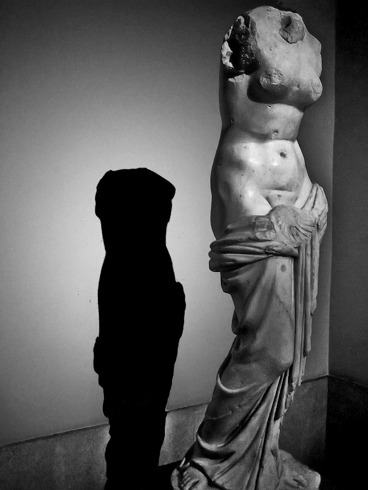 The Venus de Milo, a headless ancient Greek marble statue, stands casting a stark shadow against a plain wall.
