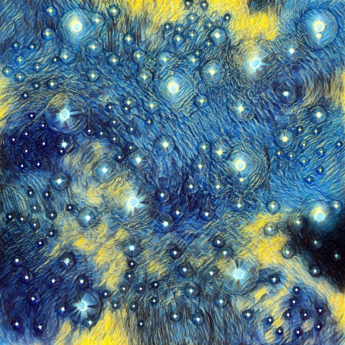 Van Gogh style swirling galaxy with bright stars and yellow nebula.