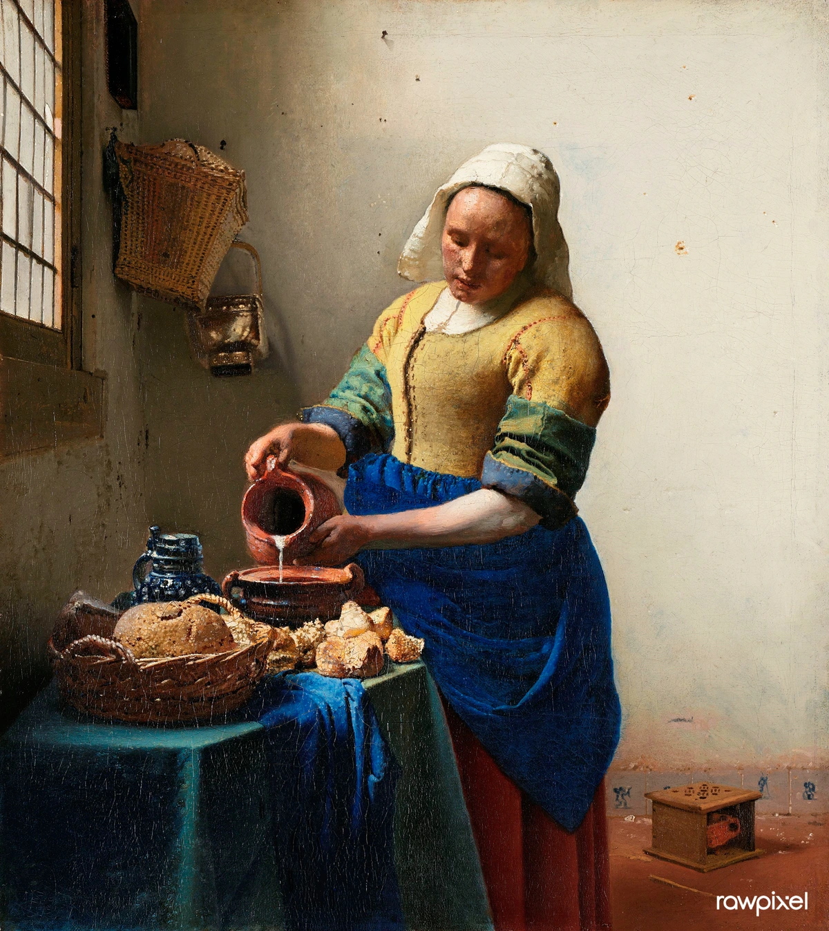 The Milkmaid by Johannes Vermeer, ca. 1660, showing a woman pouring milk into a bowl.