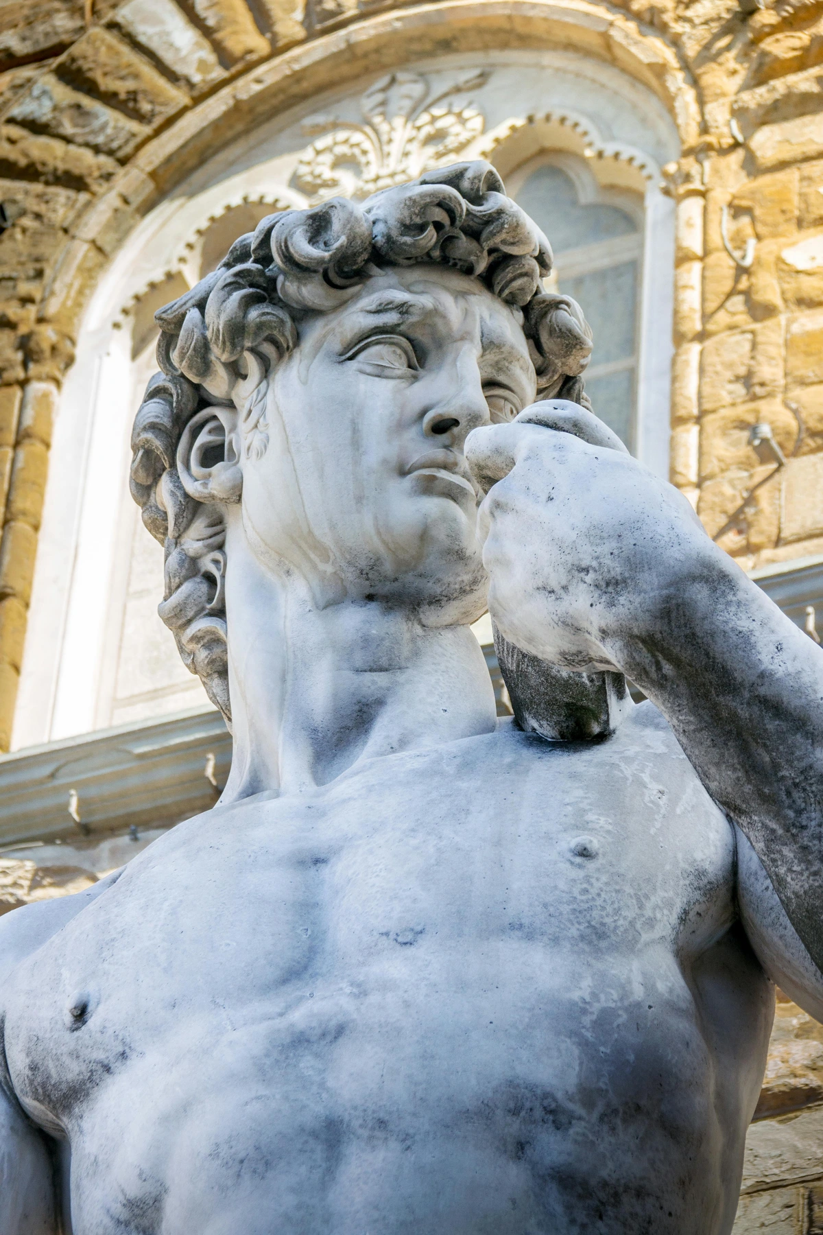 A highly detailed black-and-white photograph of Michelangelo's David sculpture, showcasing the intricate craftsmanship and enduring art historical significance of this iconic Renaissance masterpiece in a museum setting.