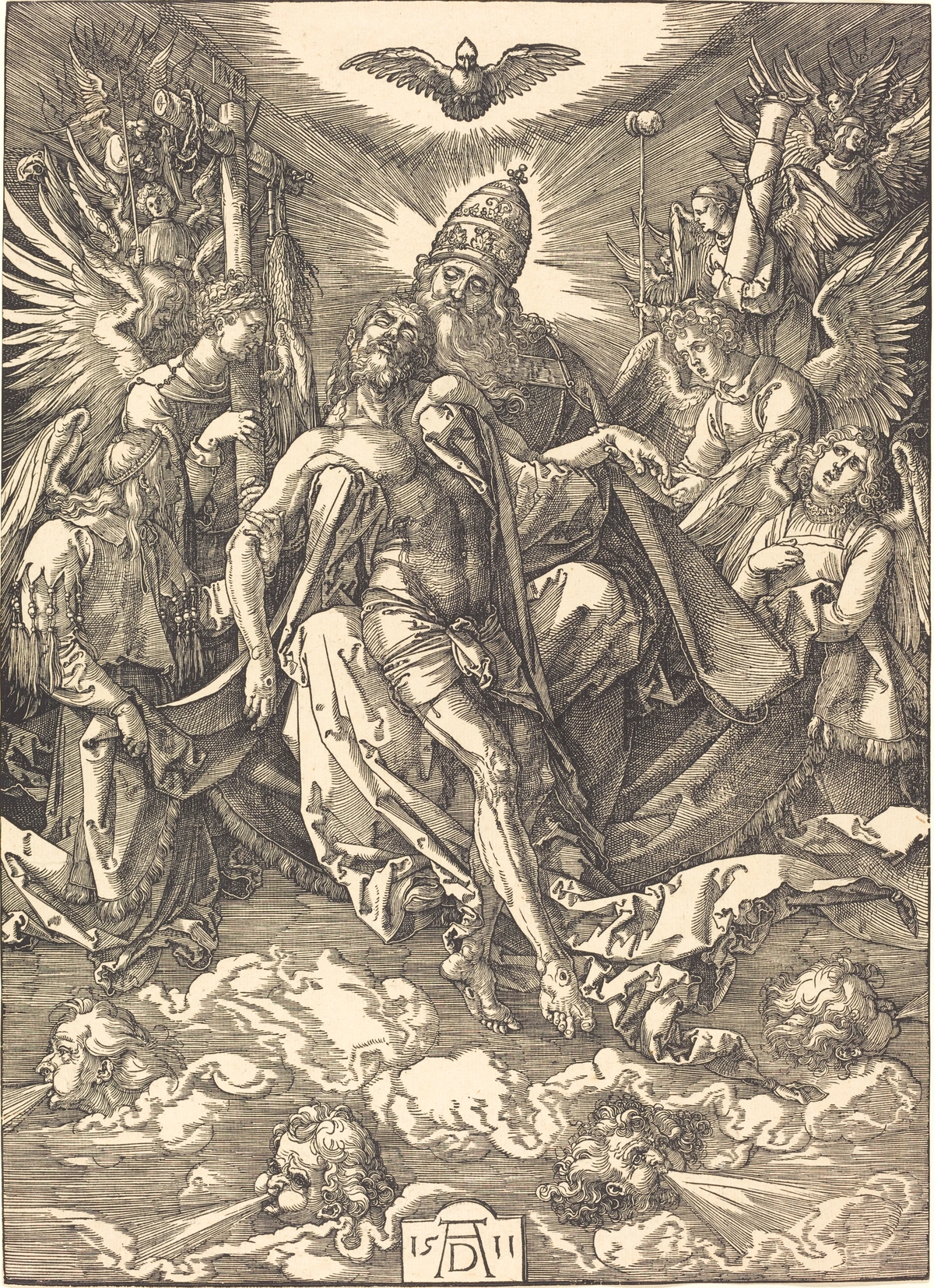 Albrecht Dürer's engraving 'The Trinity' from 1511, depicting God the Father holding the crucified Christ, with the Holy Spirit as a dove above, surrounded by angels and cherubim, with personifications of wind below.