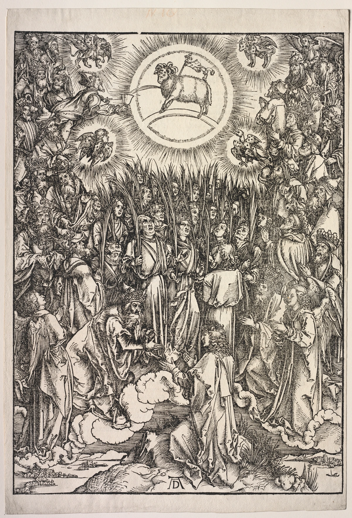Albrecht Dürer's woodcut 'The Adoration of the Lamb' from the Apocalypse series, depicting the Lamb of God enthroned in heaven surrounded by angels, elders, and martyrs holding palm branches.