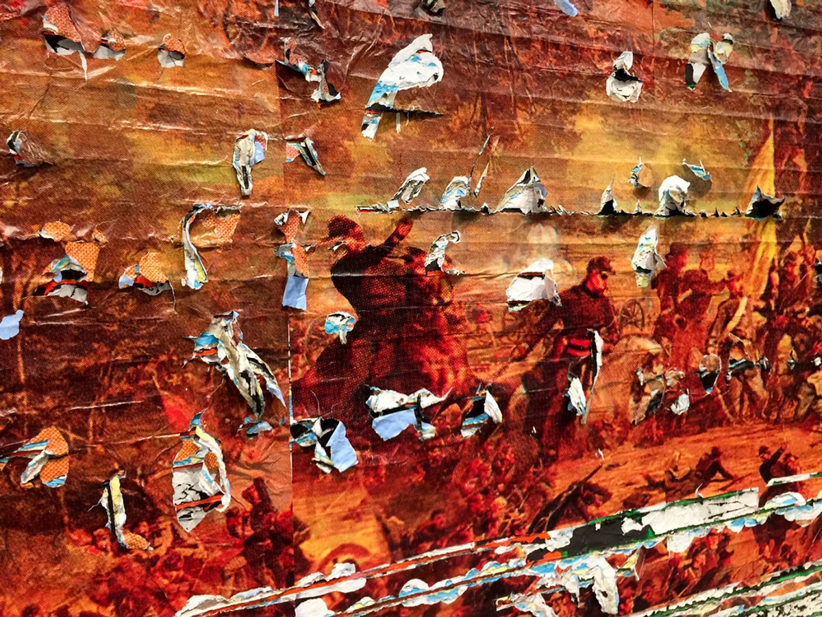 Close-up of Mark Bradford's 'Dead Horse' (Canvass 7) artwork, showing torn paper collage details.