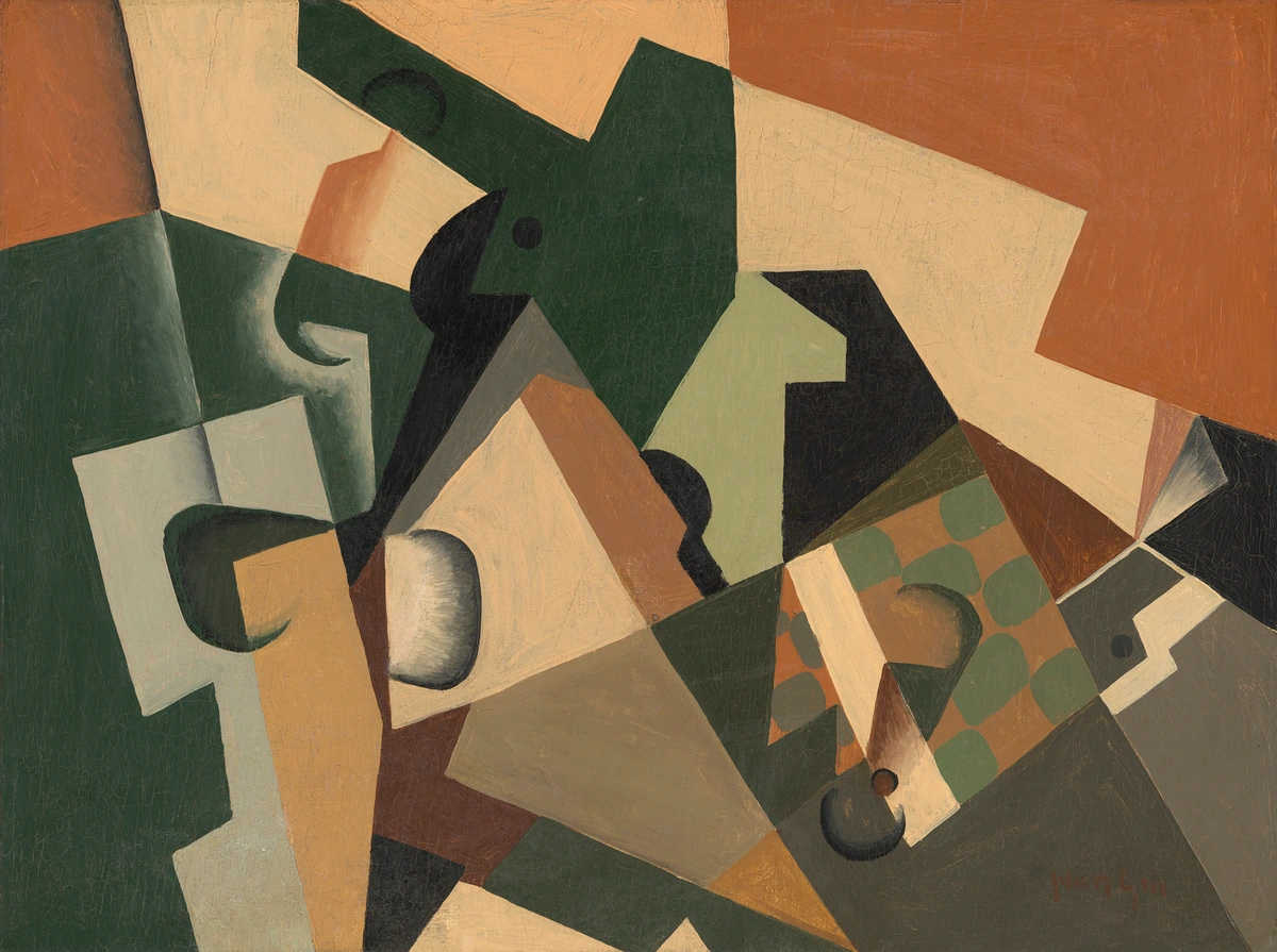 Juan Gris, Glass and Checkerboard, a Cubist still life painting featuring fragmented geometric shapes in earthy tones, c. 1917.