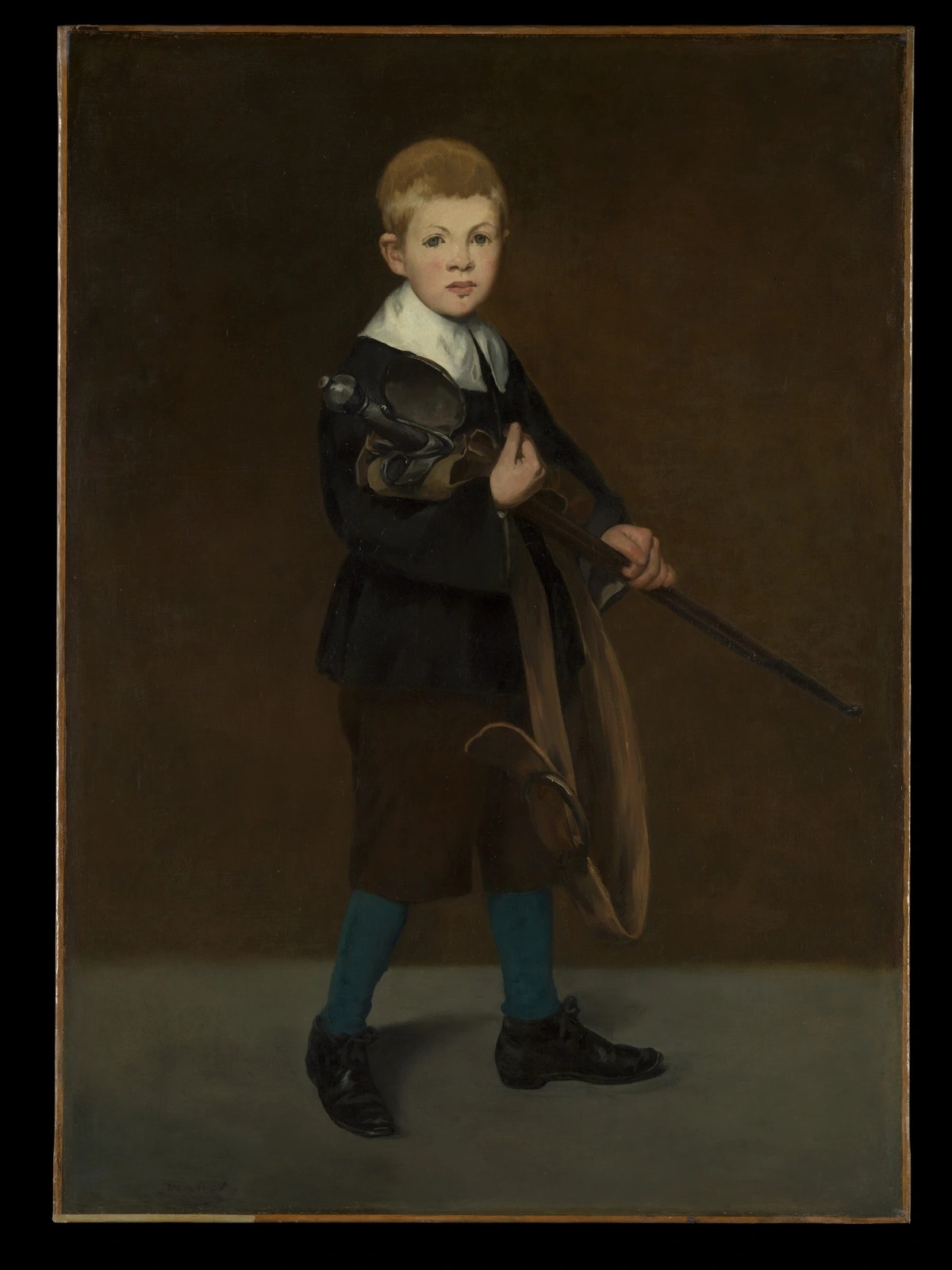 Edouard Manet's painting 'Boy with a Sword' depicting a young boy in historical costume holding a sword and a helmet.