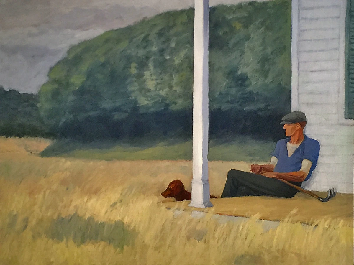 Edward Hopper's 'Clamdigger' (1935) depicts a solitary man in work clothes sitting on a dock, looking out towards the sea.