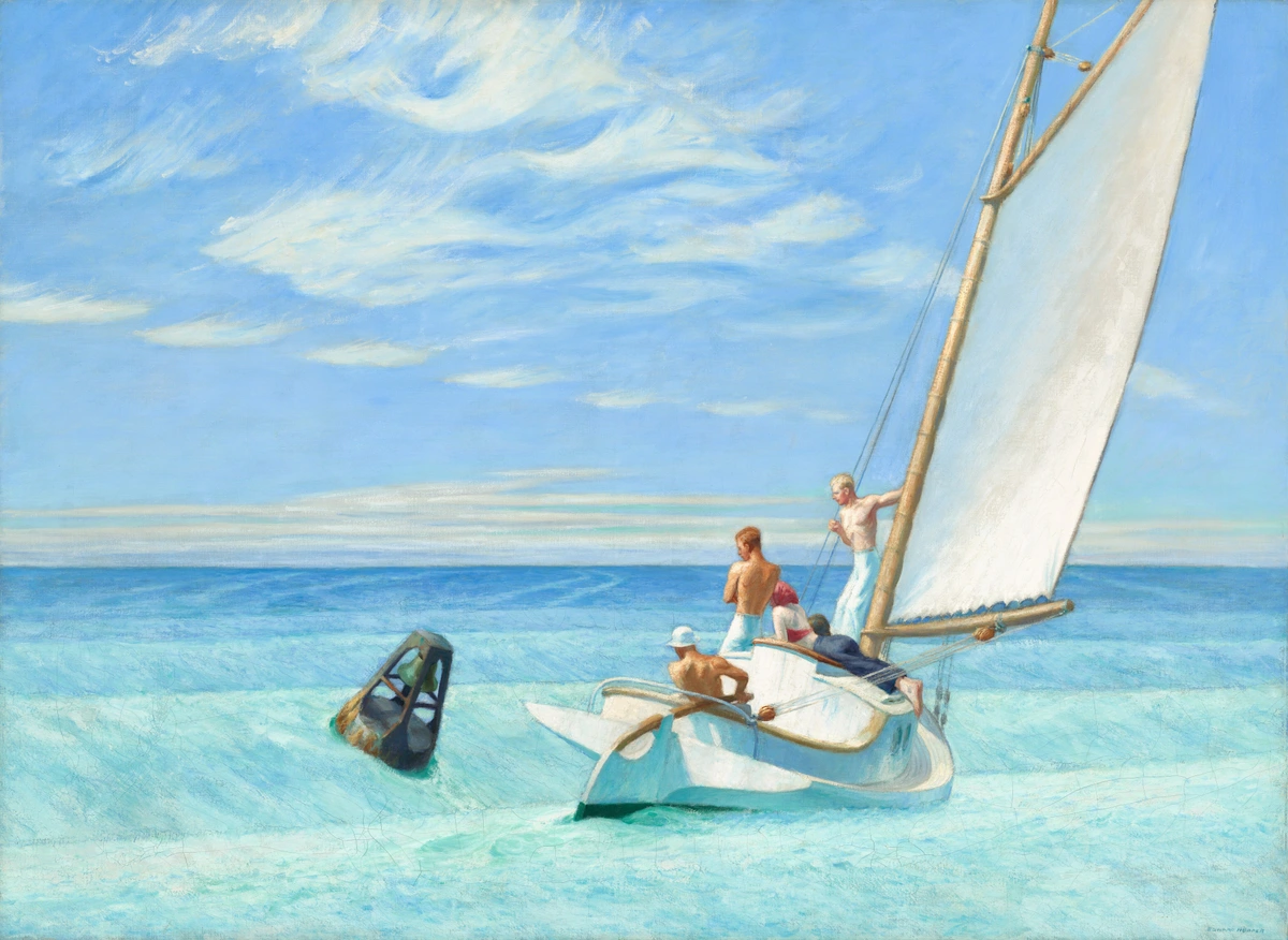 Edward Hopper's painting 'Ground Swell' depicting a sailboat with several men on board navigating through turquoise waters under a bright blue sky with wispy clouds.