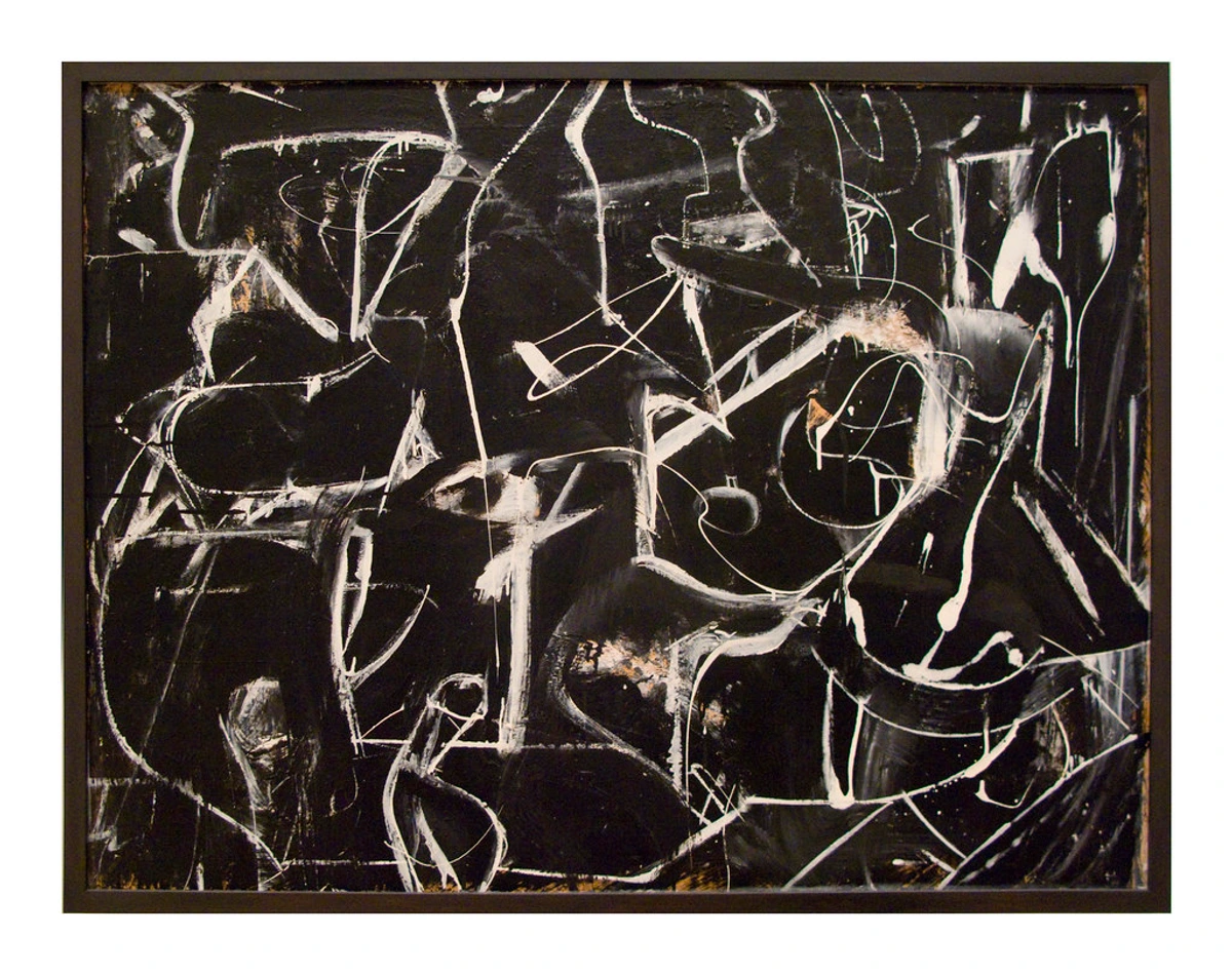 Willem de Kooning abstract expressionist painting with bold black and white gestural lines on a dark background.