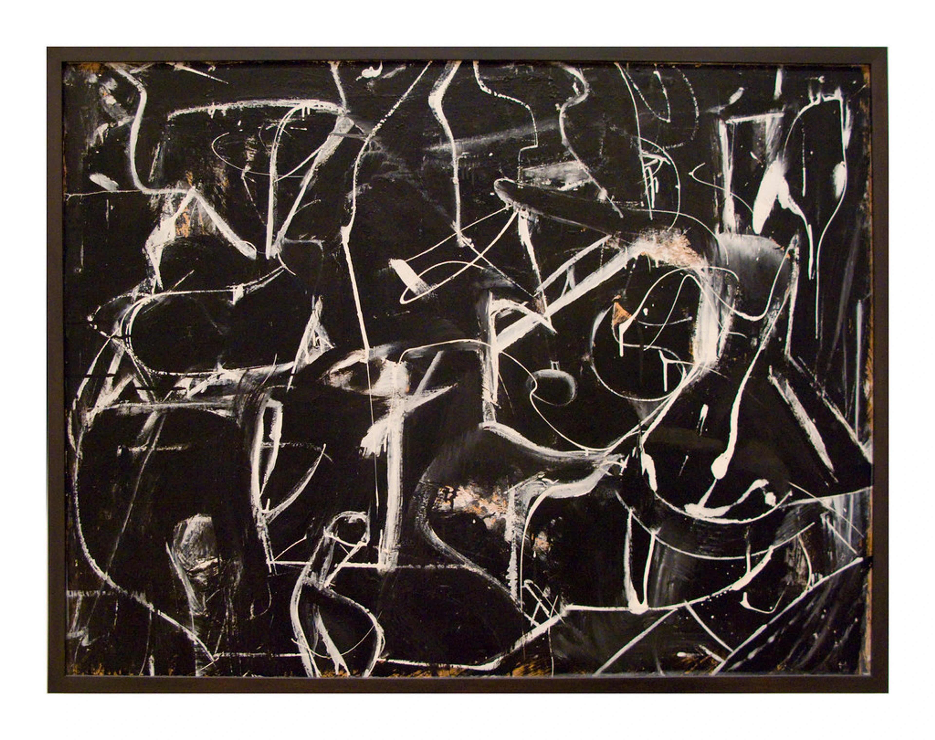 Willem de Kooning abstract expressionist painting with bold black and white gestural lines on a dark background.