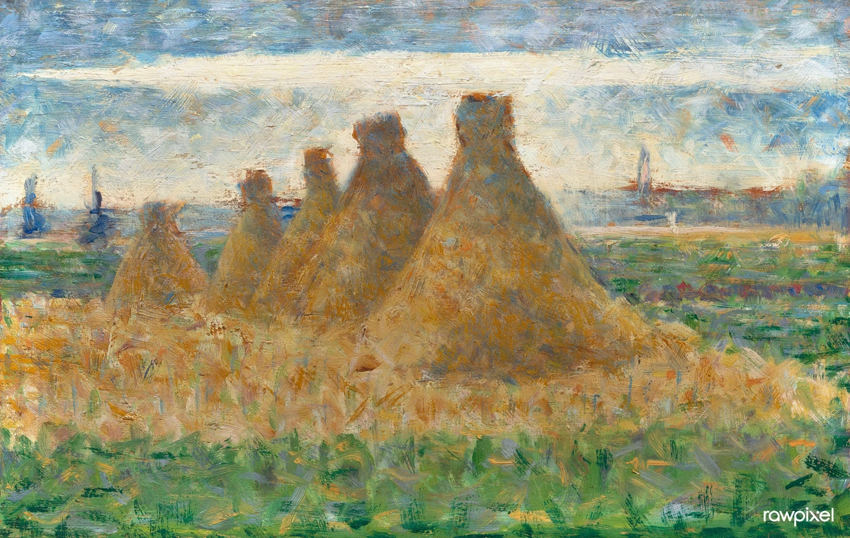 Haystacks in a field under a cloudy sky, painted by Georges Seurat in a Post-Impressionist style.