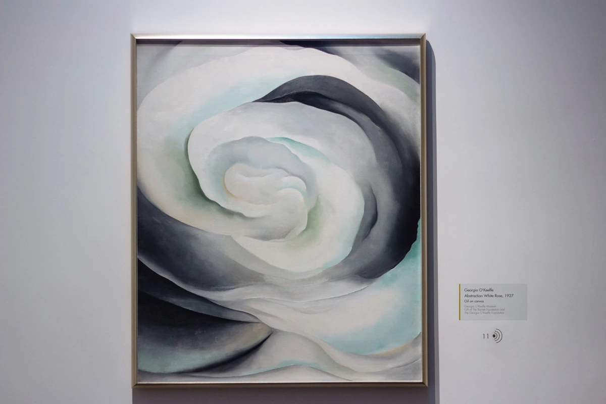 Georgia O'Keeffe's 'Abstraction White Rose', 1927, oil on canvas, showcasing swirling white petals with subtle hints of green and grey.