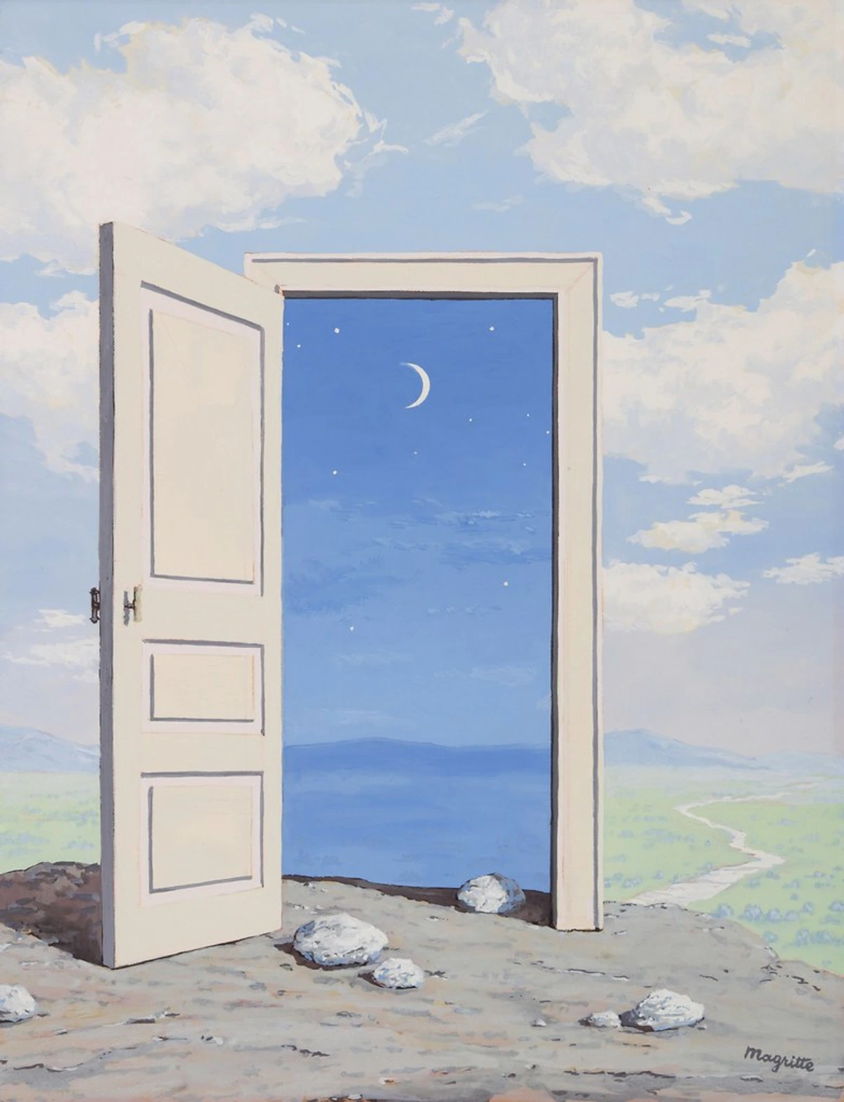 René Magritte's 'Knowledge' painting depicts an open doorway on a rocky cliff, revealing a night sky with a crescent moon and stars, contrasting with the daytime landscape beyond.