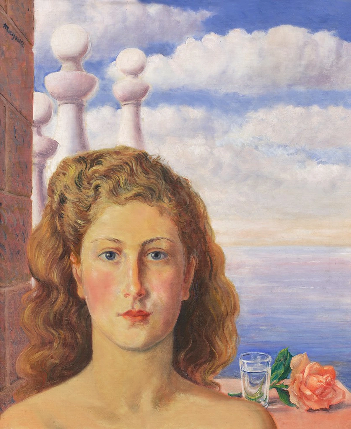 René Magritte's painting 'Portrait of Arlette Magritte' (c. 1950), showing his wife with curly red hair, blue eyes, and bare shoulders, on a balcony overlooking the sea, with a glass of water and a rose.