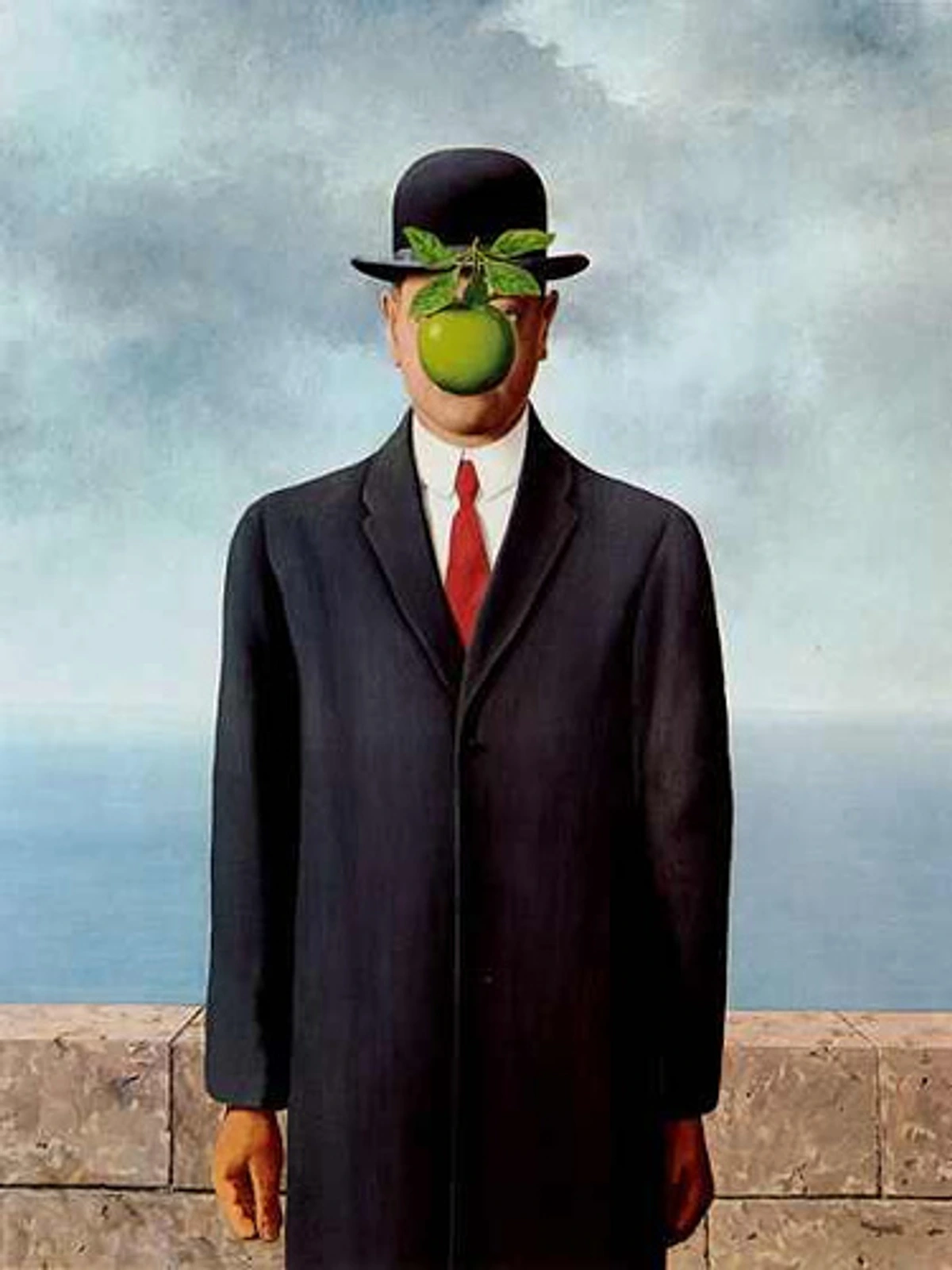 Rene Magritte's 'The Son of Man' painting, featuring a man in a bowler hat and suit with a green apple obscuring his face, set against a cloudy sky and sea.