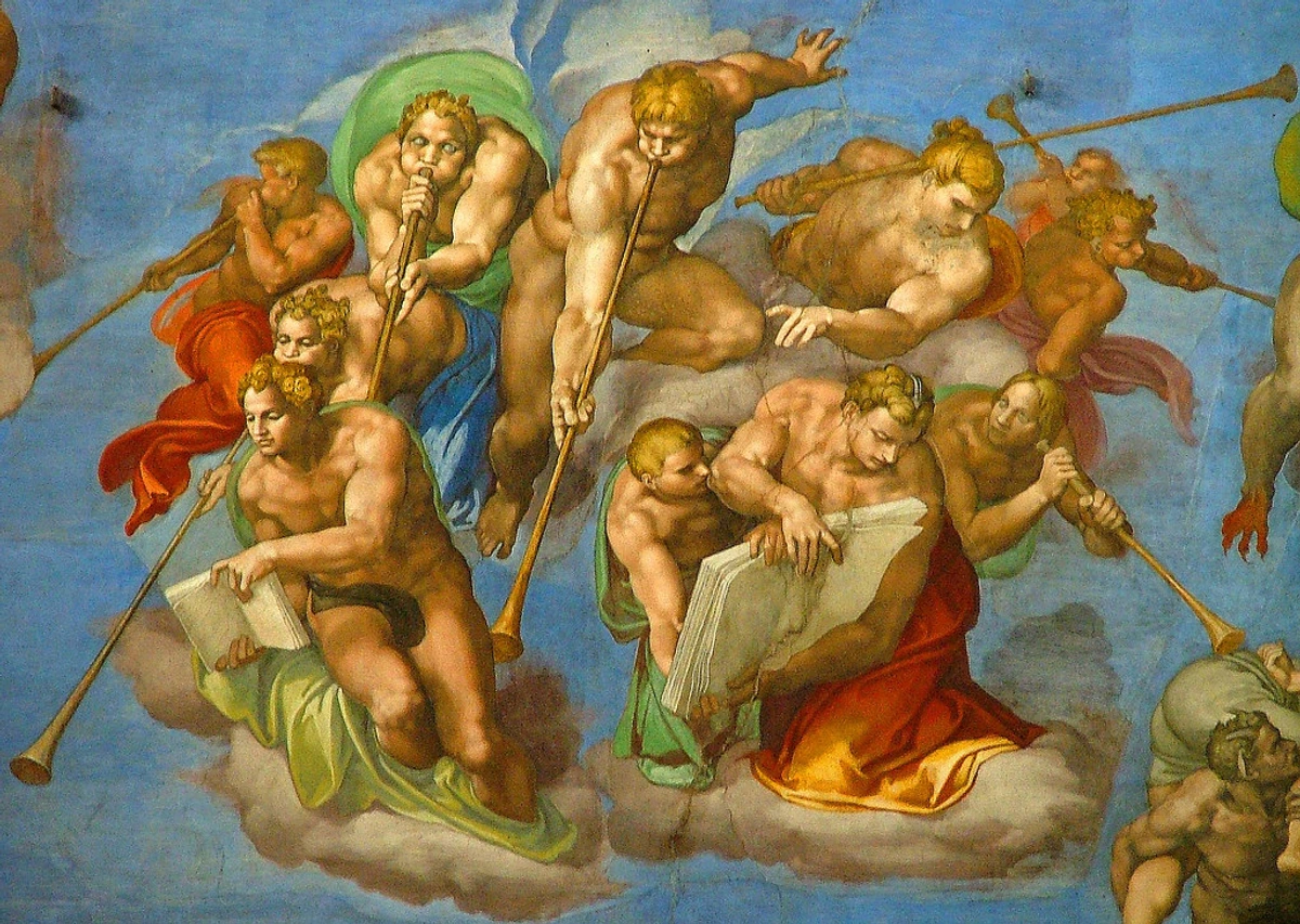 Michelangelo's Sistine Chapel ceiling fresco depicting figures with trumpets and books.