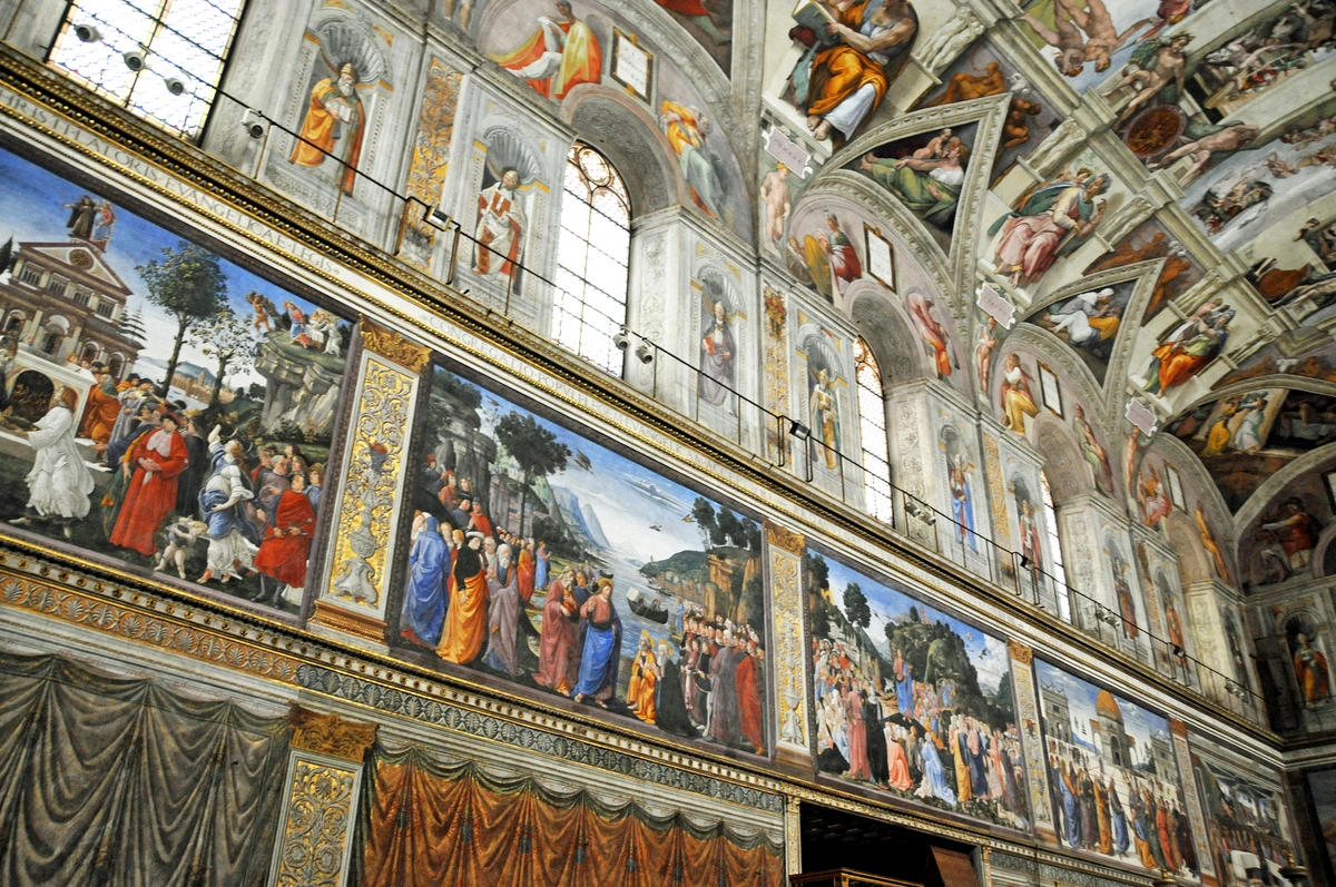 Michelangelo's Sistine Chapel ceiling frescoes depicting biblical scenes and figures.
