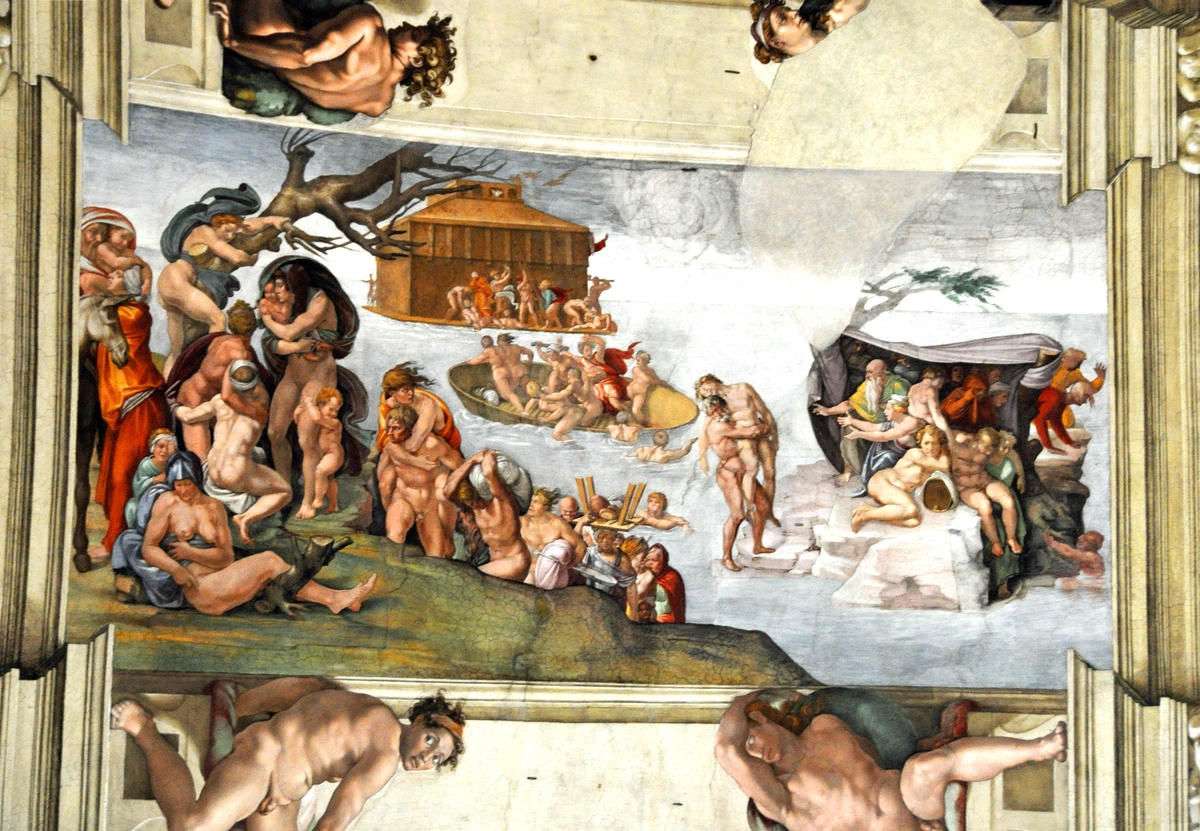 Michelangelo's fresco 'The Deluge' from the Sistine Chapel ceiling, depicting Noah's Ark and the flood.